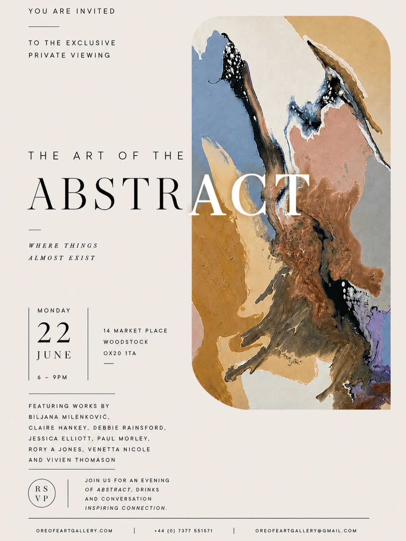 Friends of Oreofe Art Gallery JOIN US for an evening of contemporary abstract art, drinks and conversation as we celebrate the opening of &lsquo;The Art of the Abstract: Where Things Almost Exist&rsquo;.

Featuring works by Biljana Milenković, Claire