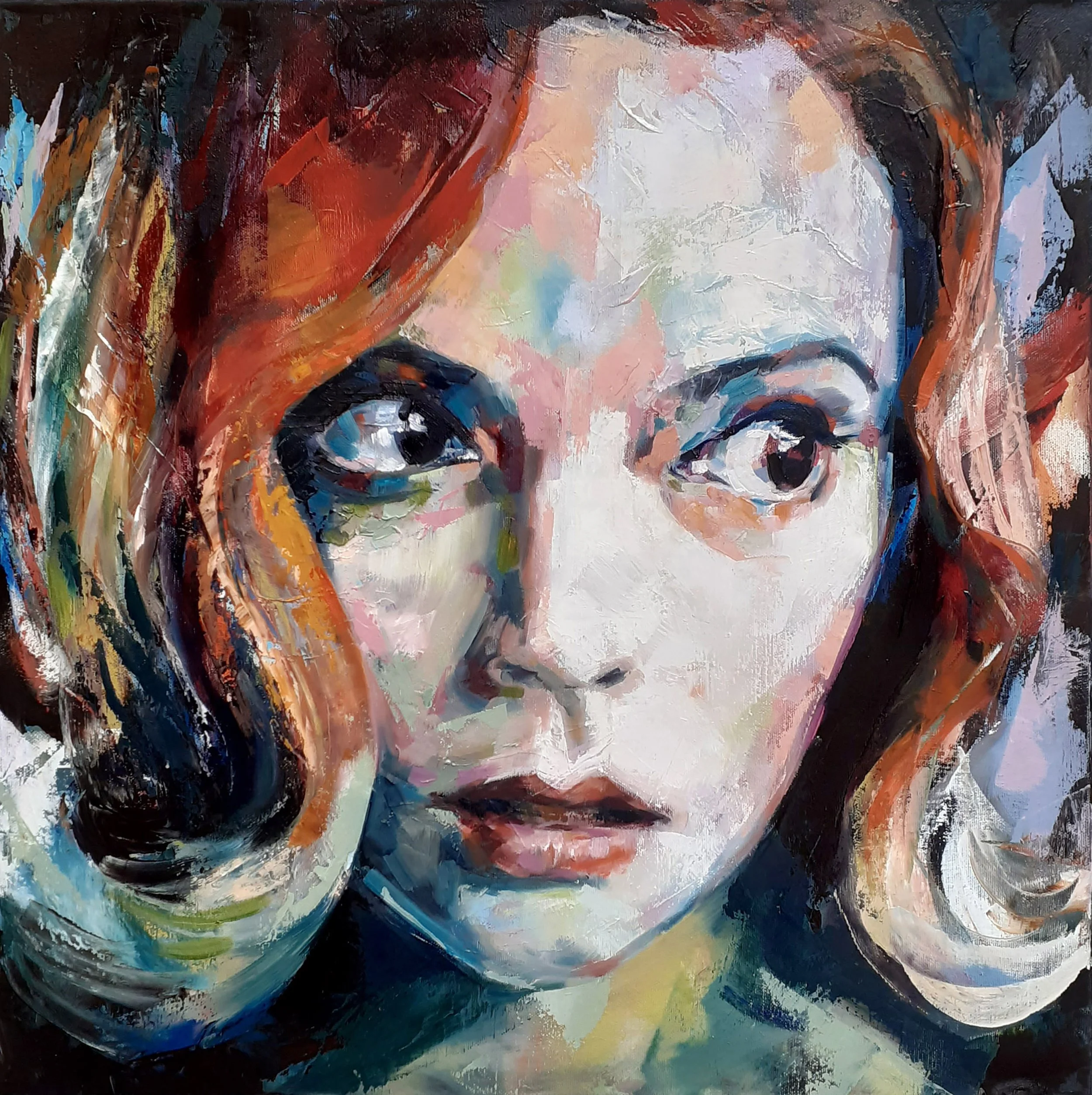 I'm A Different Player Now, oil on canvas, 50 x 50 cm framed, 52 x 52 cm, 2021...

This painting is one of a series of works inspired by Anya Taylor-Joy's portrayal of Beth Harman in the Queens Gambit (the 2020 US miniseries based on the 1983 novel b