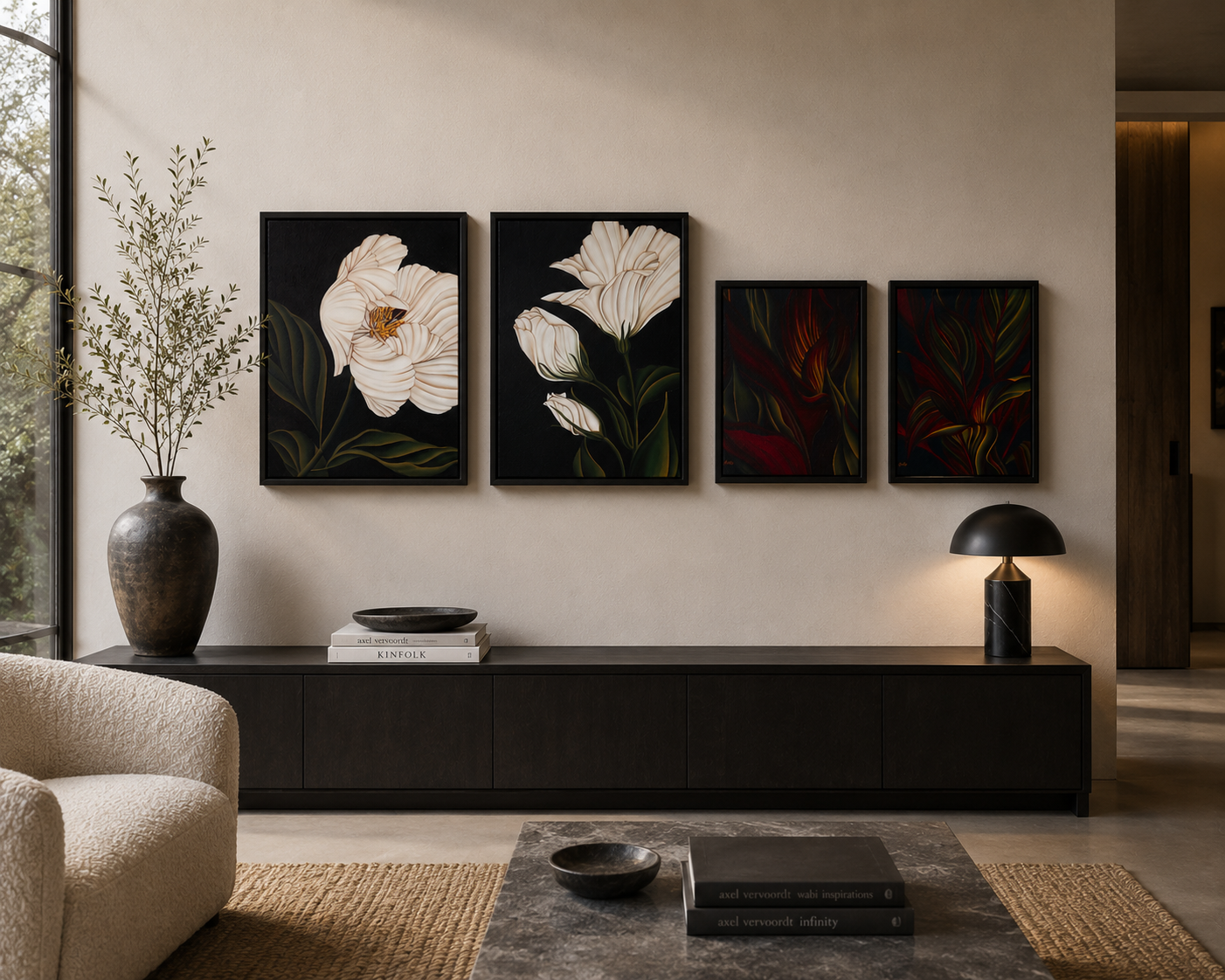 White Tulip at York Gardens, White Lisianthus, Red Leaves I & II in situ.