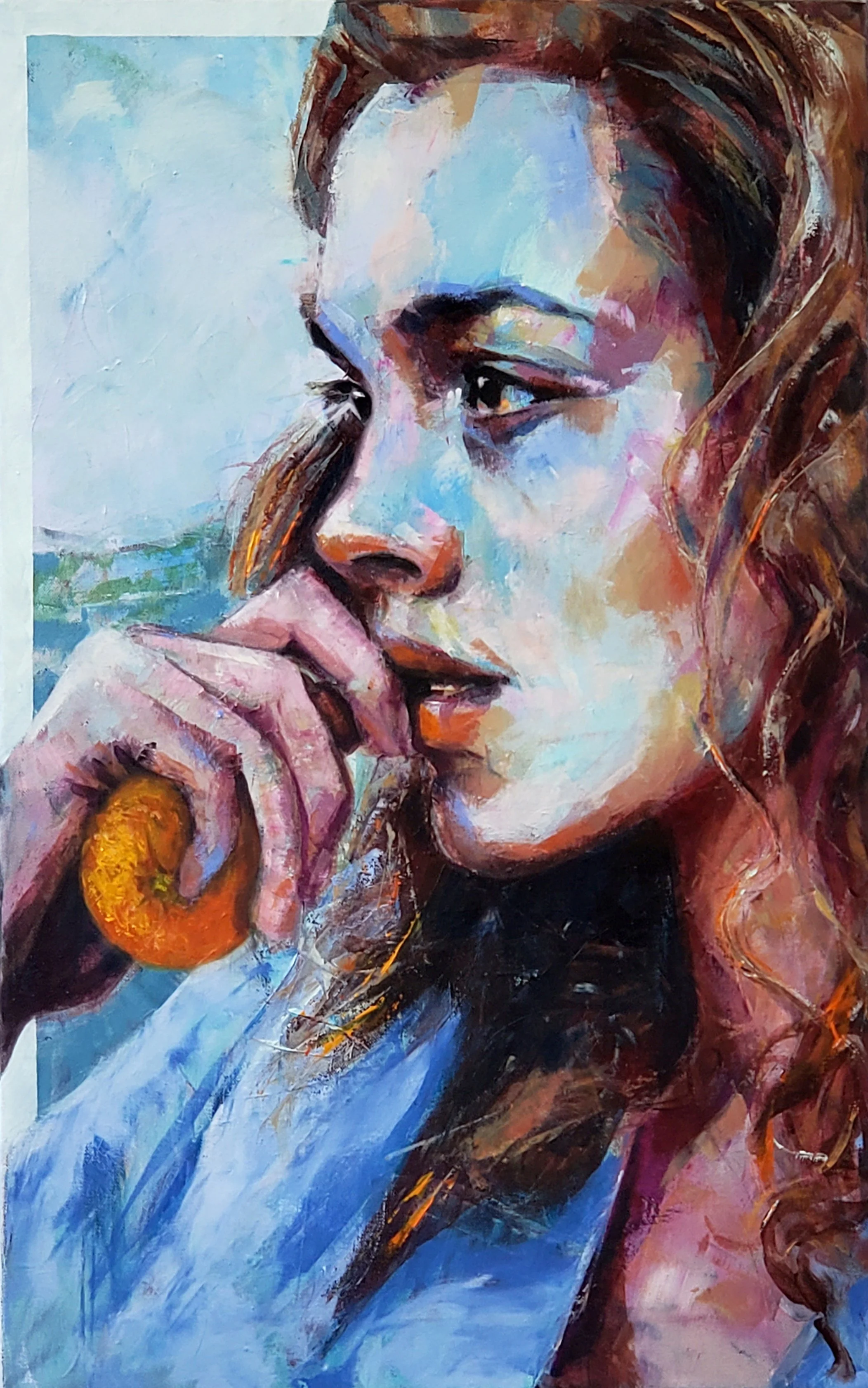 Beyond Her Wildest Imaginings oil on canvas 76 x 51 cm 2025...

This piece was inspired by the poem 'A Stolen Orange' by Brian Patten. The title has been adapted from a line in the last part of the poem: When I went out I stole an orange, It was a sa