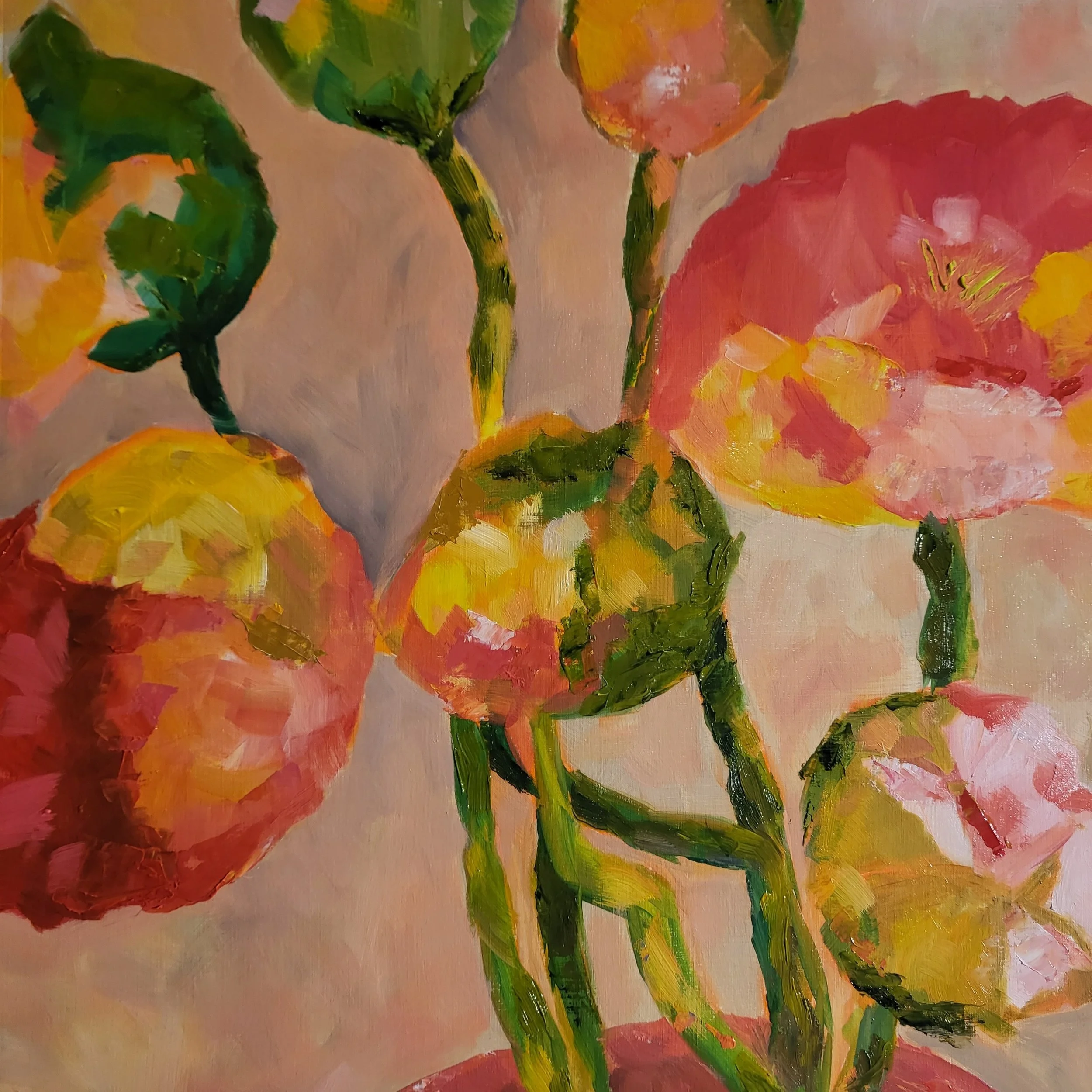 Björk’s Poppies, Oil on canvas paper 67 x 67 cm inc. frame 2025