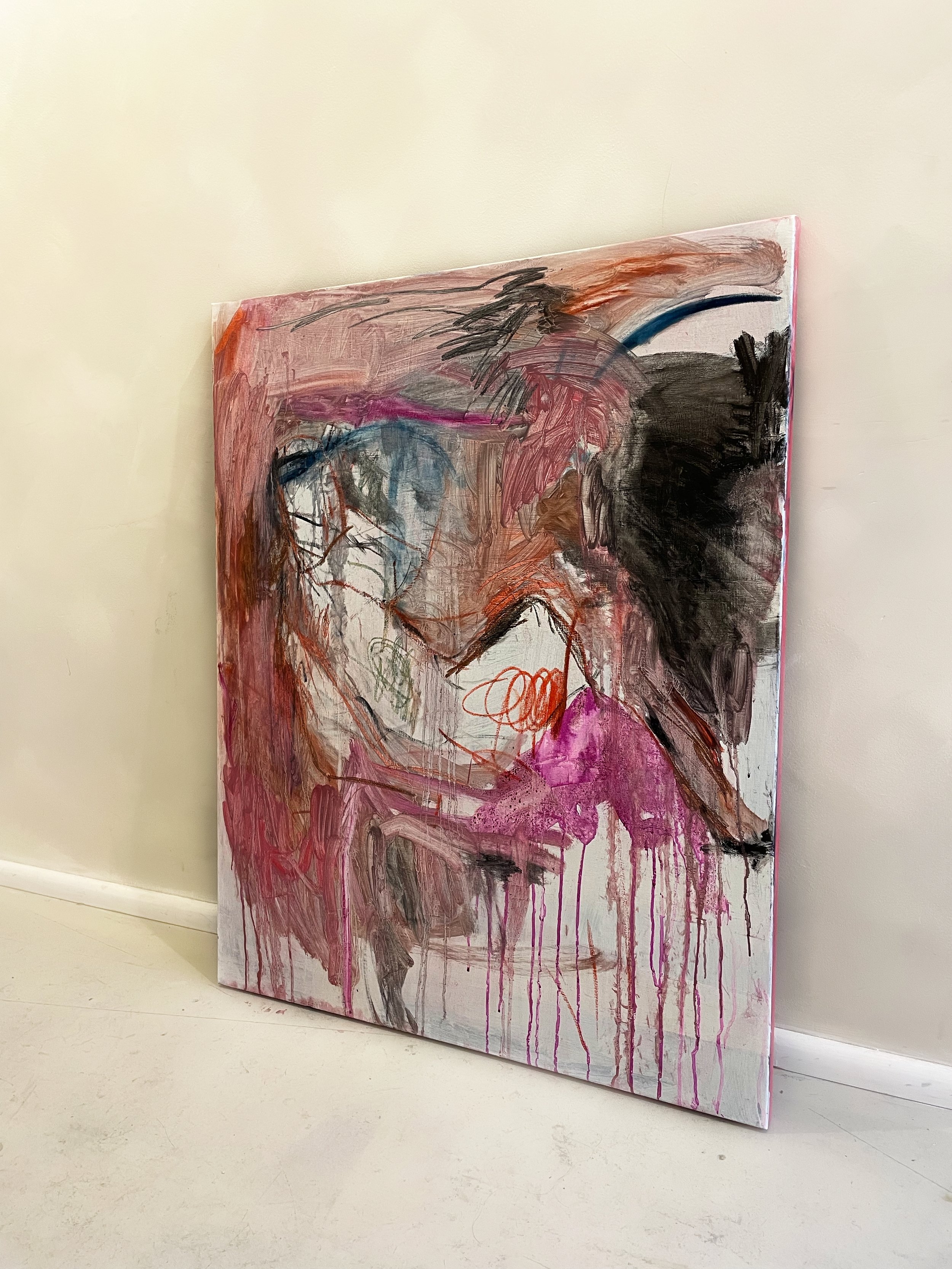 'We’re passionate sometimes', 
Ink, charcoal & oil on canvas, 
80 x 100cm, 
2026