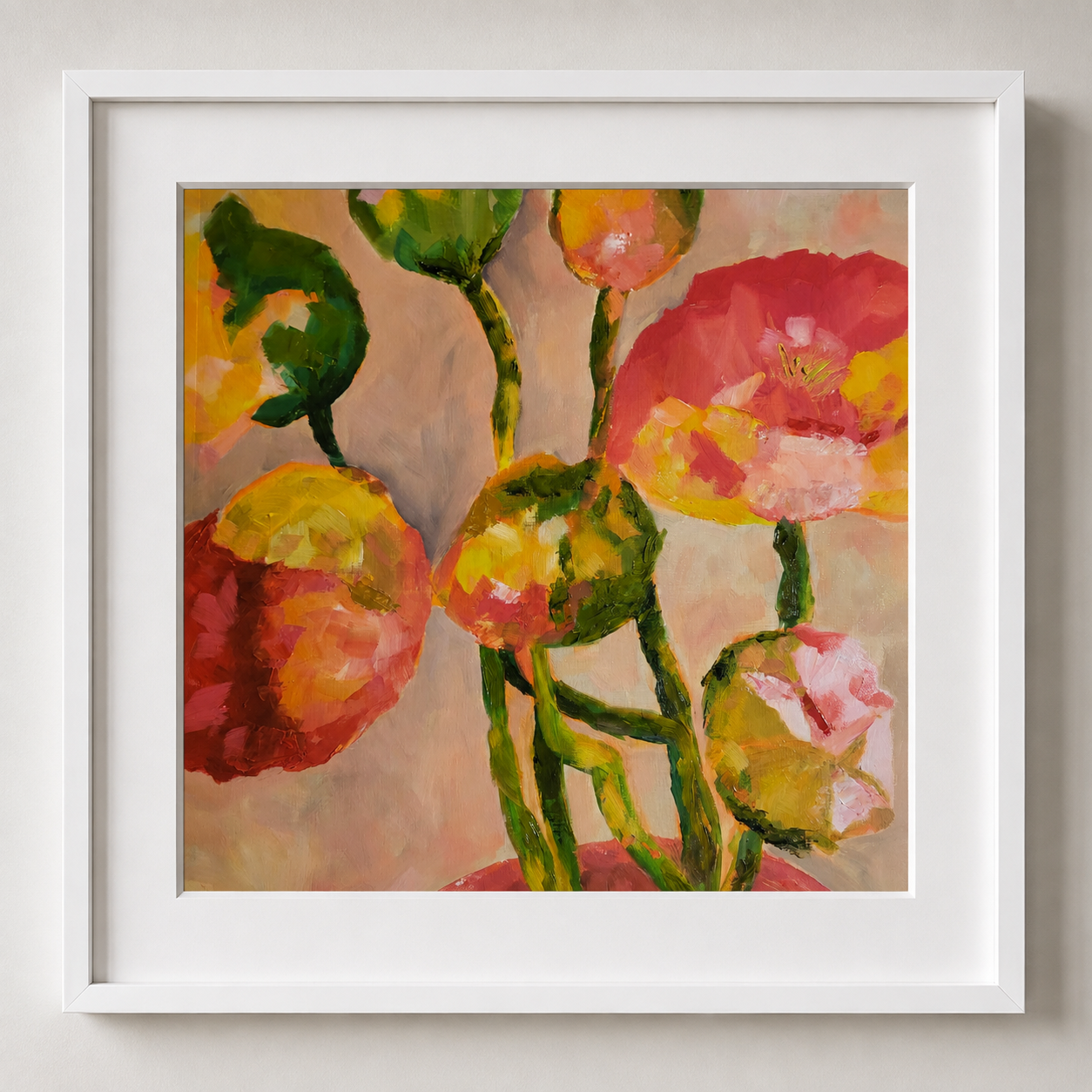 Björk’s Poppies, Oil on canvas paper 67 x 67 cm inc. frame 2025