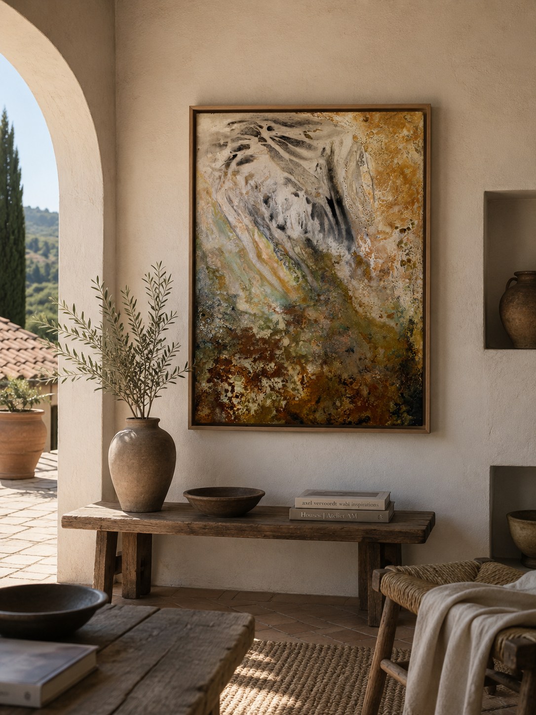 Primordial Breath,
Mixed Media on Canvas board, Cement and Acid Stain,
85 x 127cm [framed in natural oak]
2026
