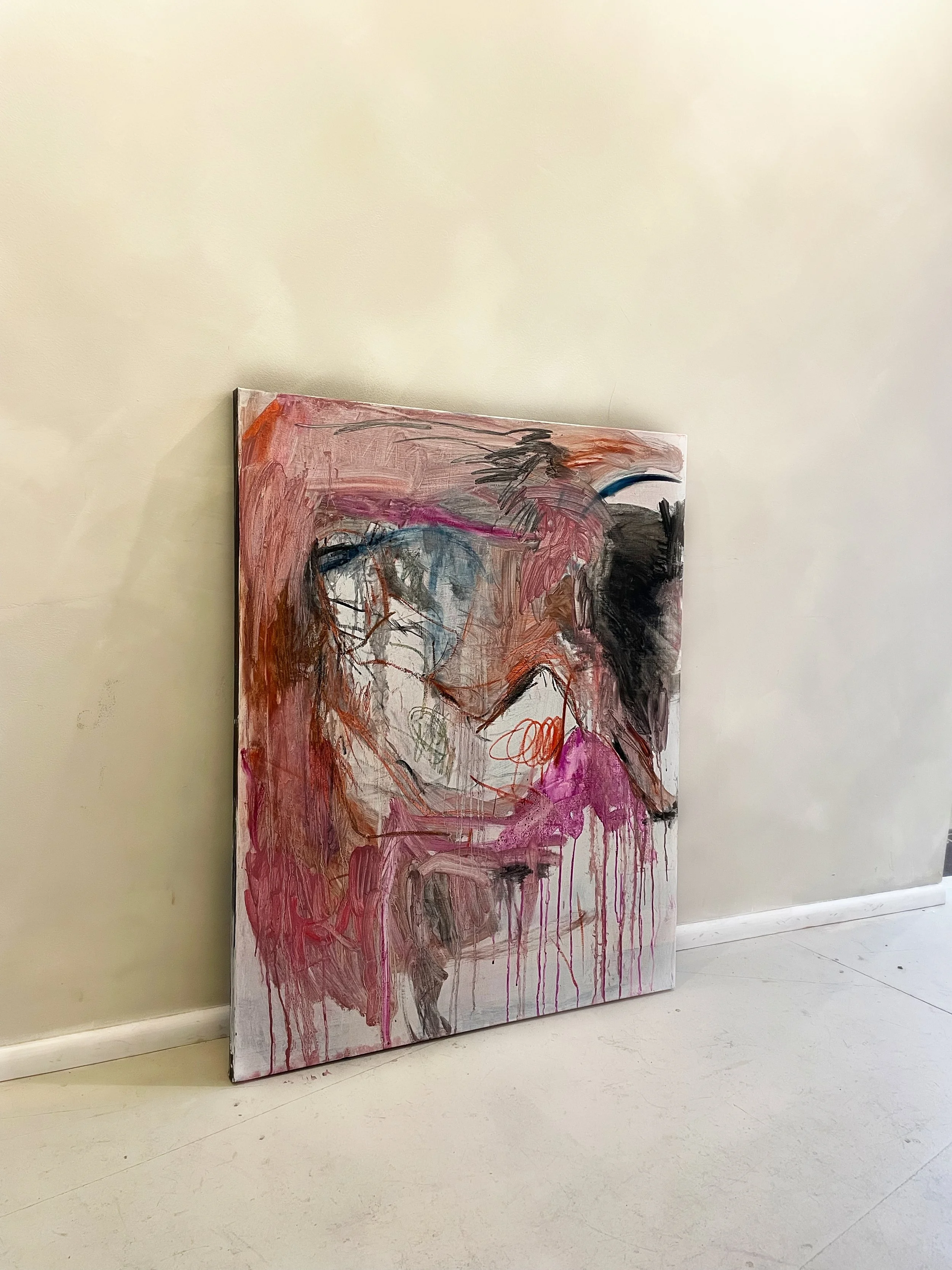 'We’re passionate sometimes', 
Ink, charcoal & oil on canvas, 
80 x 100cm, 
2026