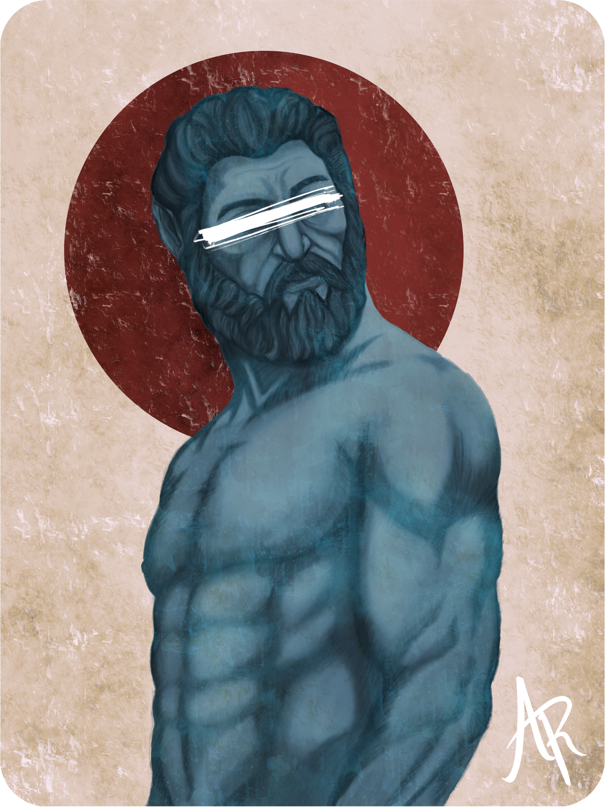 Una figura masculina con barba y cabello largo, con piel azul y sin camisa, en estilo de arte gráfico, con un fondo de círculo rojo y textura de pared envejecida, firma en la esquina inferior derecha.