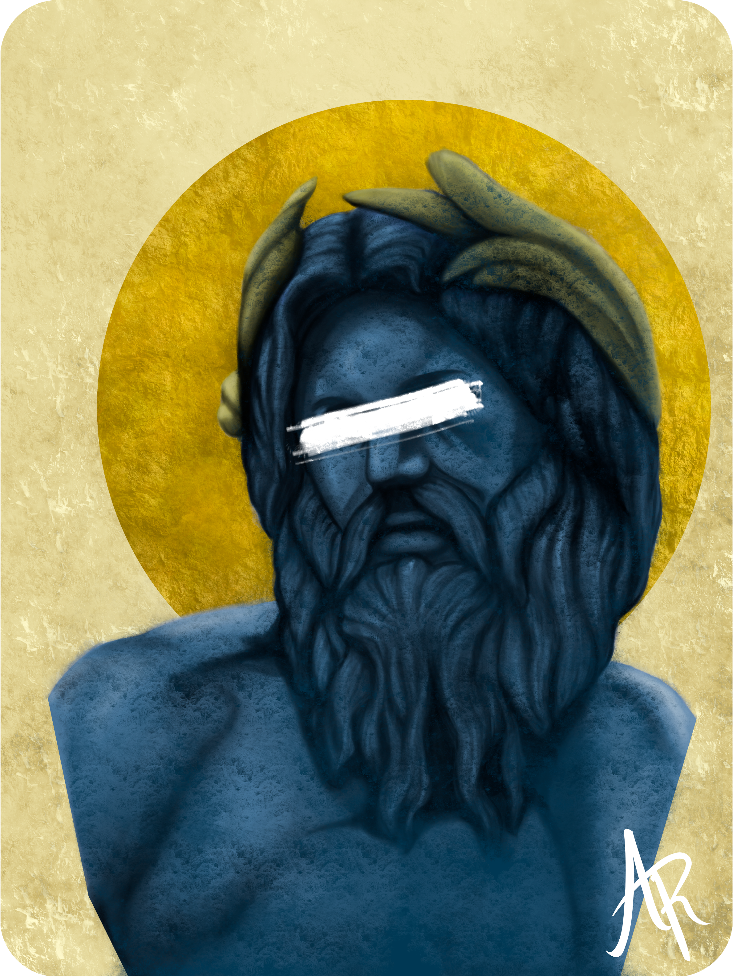 Una imagen de estilo artístico que representa a un hombre con barba y cabello largo, con una corona de hojas en su cabeza, y una aureola dorada detrás de su cabeza, con un fondo de textura amarilla y un símbolo en la esquina inferior derecha.