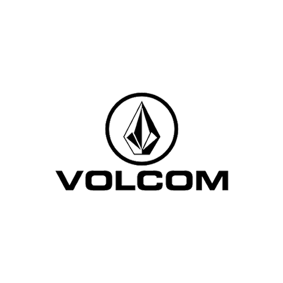 Black and white Volcom logo featuring a stylized diamond shape above the word 'VOLCOM' in bold capital letters.
