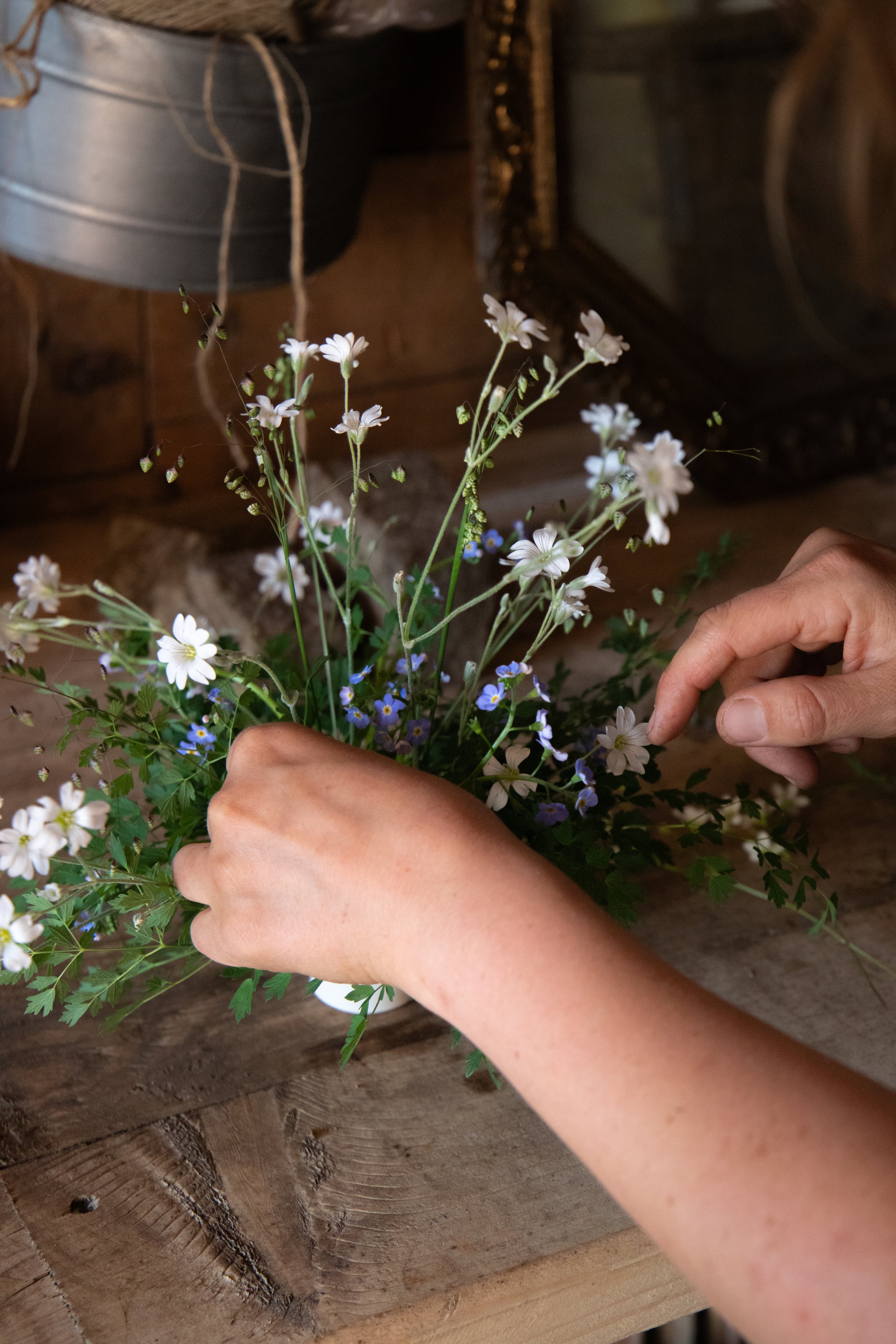 Person arranging white and blue wildflowers in a rustic wooden container on a wooden surface.