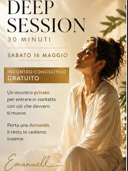 30 minuti.
Solo per te.

Porta una domanda.
Il resto&hellip; lo vediamo insieme.

📍 Sabato 16 Maggio
Sessione privata gratuita

&darr; Prenota il tuo spazio

https://deepsession.it/contatti