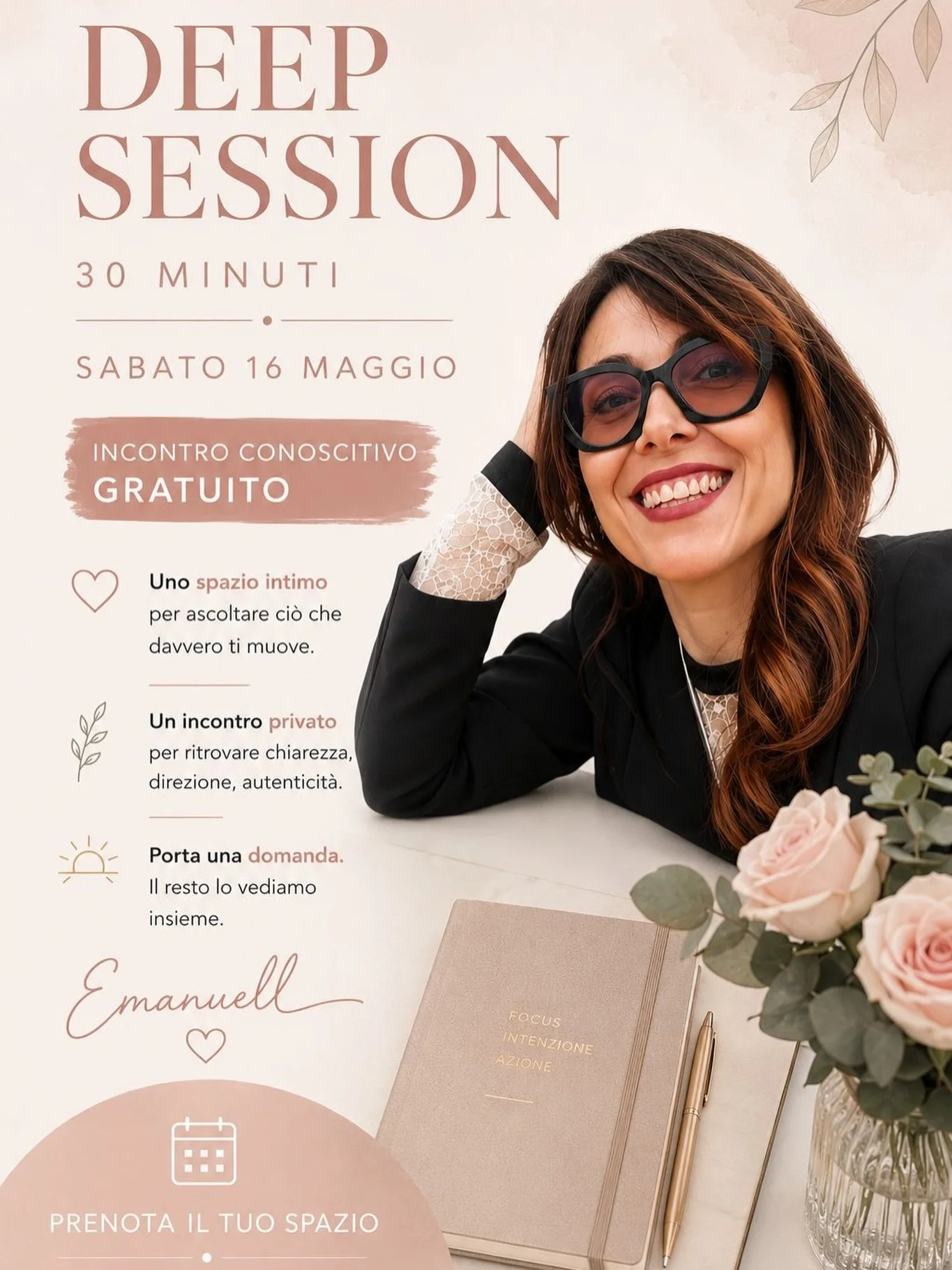 Sabato 16 Maggio

30 minuti gratuiti ☀️

Un incontro privato per entrare in contatto con ci&ograve; che davvero
ti muove.
Porta una domanda.
Il resto lo vediamo insieme.