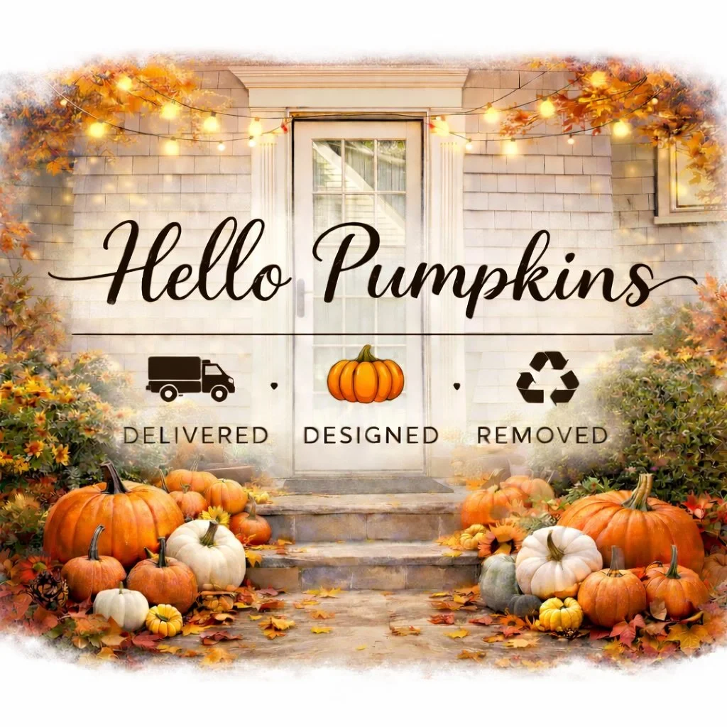Autumn-themed greeting card with pumpkins, fall leaves, and string lights, featuring the text 'Hello Pumpkins,' and icons indicating delivery, designed, and removal services.