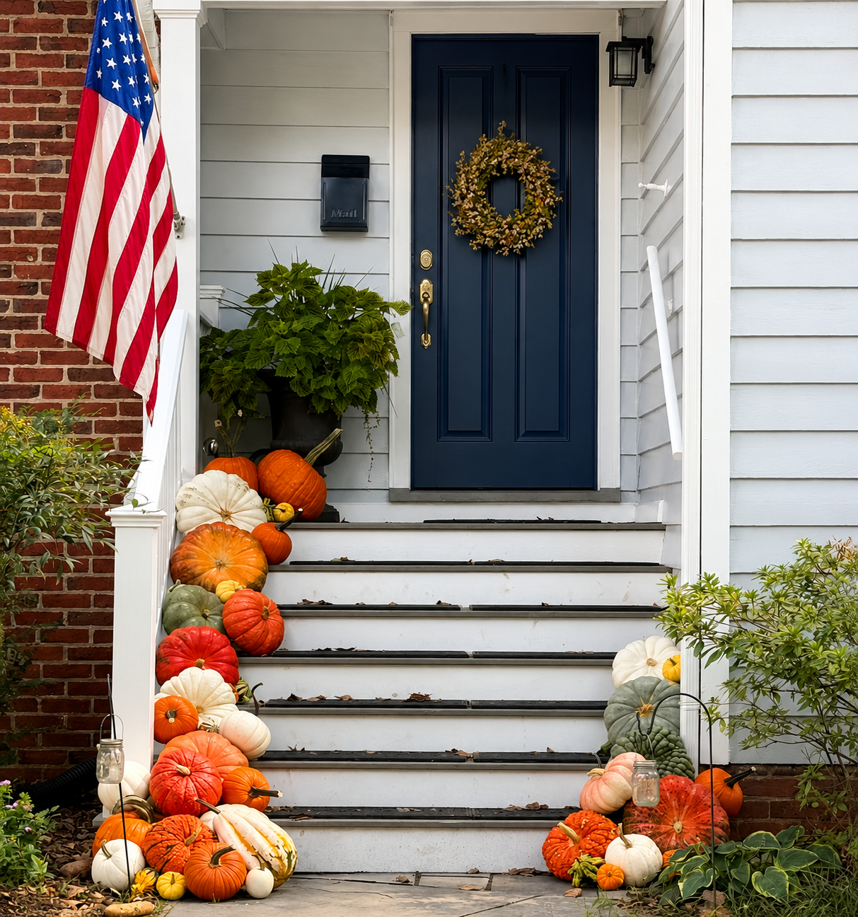 Front porch decorated with pumpkins and gourds along the steps, a door with a wreath, a potted plant, an American flag to the left, and fall-themed accessories.