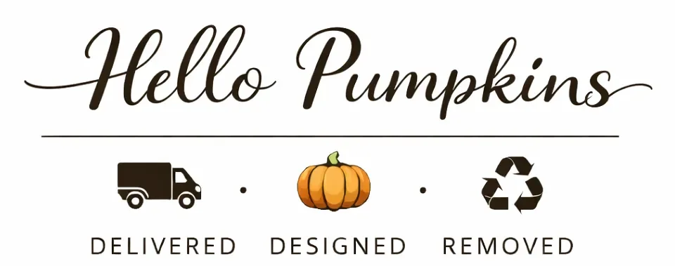 Text that reads 'Hello Pumpkins' with icons below: a delivery truck labeled 'Delivered,' a pumpkin labeled 'Designed,' and a recycling symbol labeled 'Removed.'