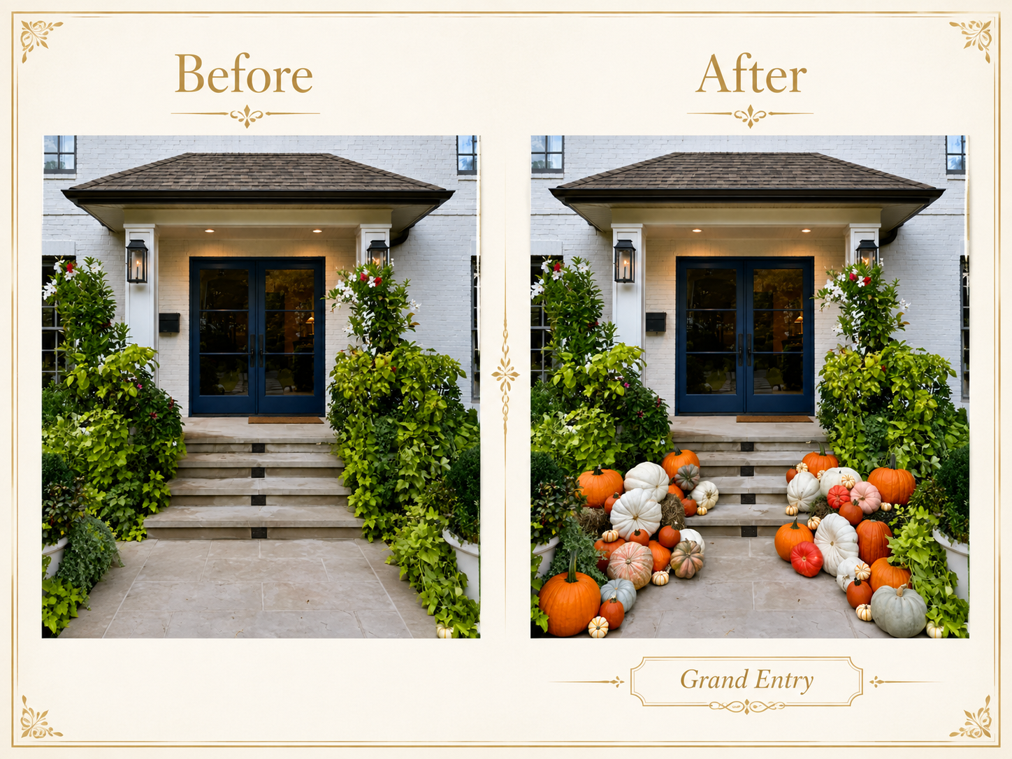 Side-by-side comparison of a house entrance before and after seasonal decoration. Before, the steps and porch are plain with plants on both sides and no pumpkins. After, colorful pumpkins and gourds are arranged on the steps and around the plants, with the house and door remaining the same.