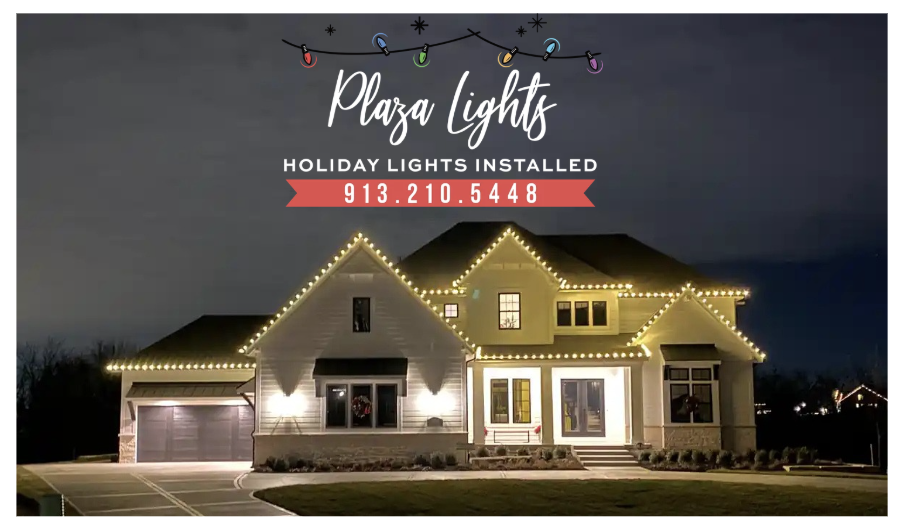 A large house decorated with yellow holiday lights outlining the roof and windows, set against a dark evening sky. Text overlay advertising Plaza Lights holiday light installation services, with a contact phone number.