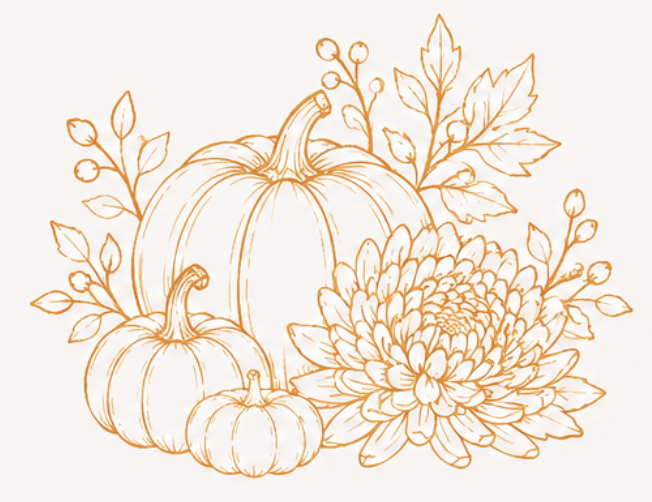 Line drawing of three pumpkins, a large flower, and autumn leaves and berries.