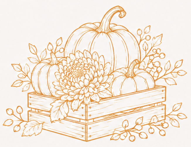 Line drawing of pumpkins, a chrysanthemum flower, and foliage in a wooden crate.