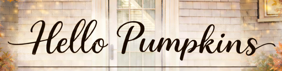 A wall sign with the text 'Hello Pumpkins' in black cursive font, decorated with autumn leaves around the edges.