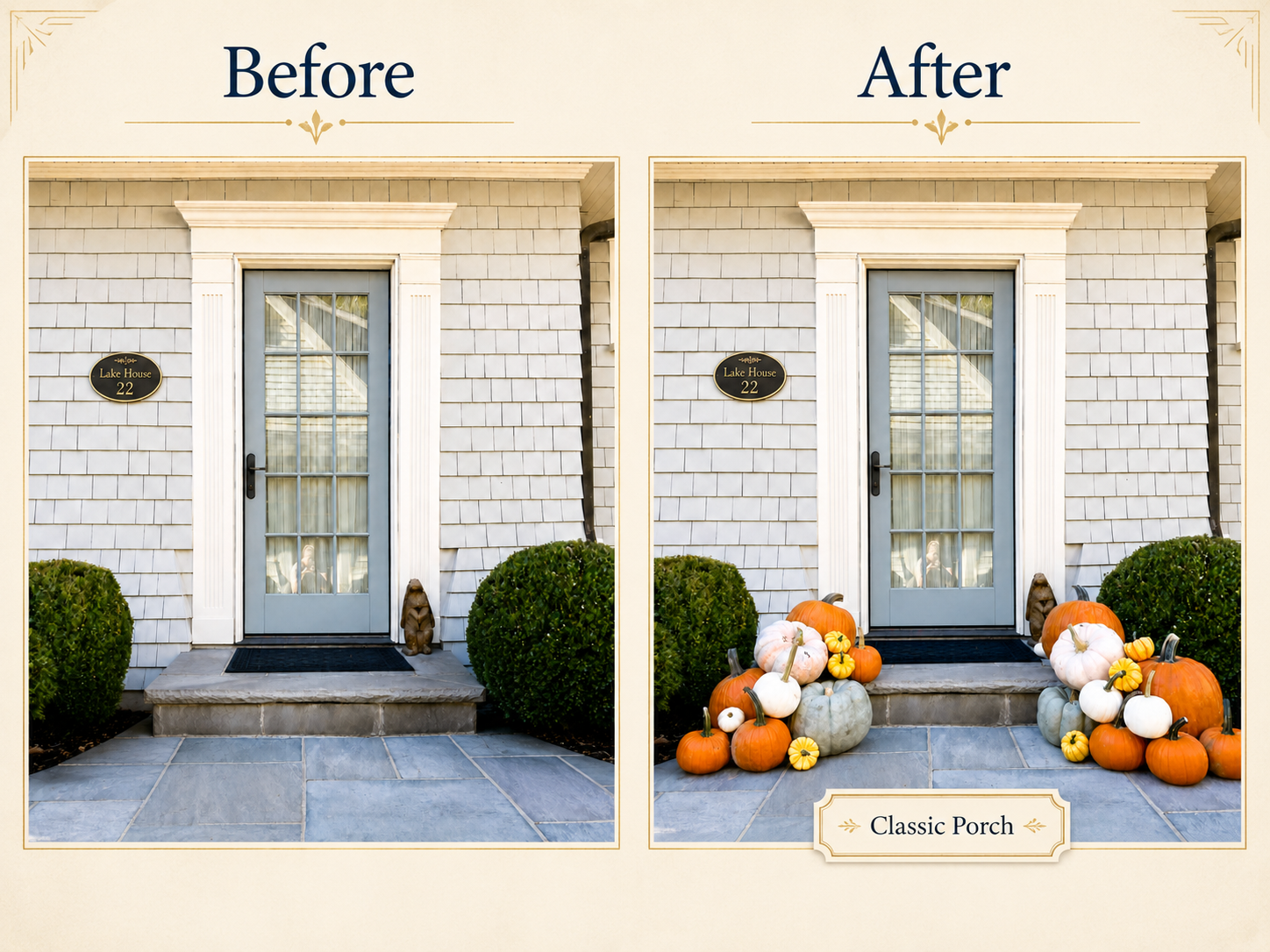 Side-by-side comparison of a house porch before and after adding pumpkins and gourds for fall decoration, with the after showing pumpkins and gourds arranged on the porch steps.
