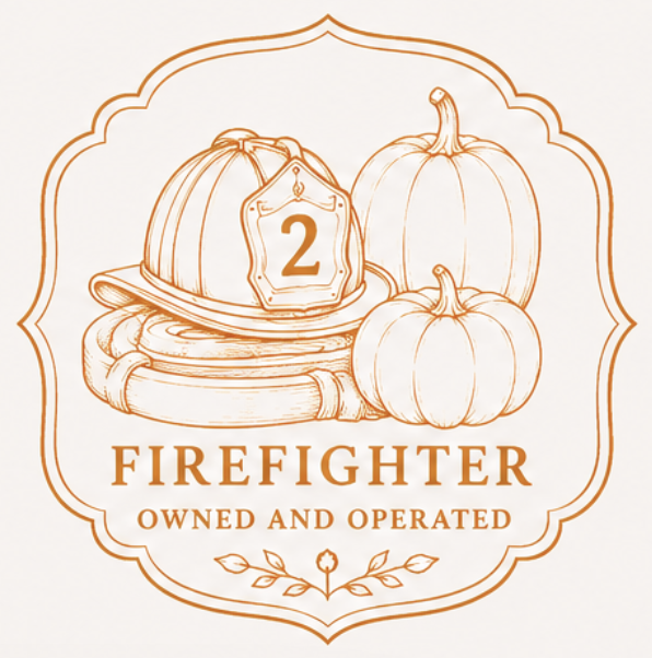 Illustration of a firefighter helmet with the number 2, three pumpkins, and a scroll, with text 'Firefighter Owned and Operated' and decorative elements.