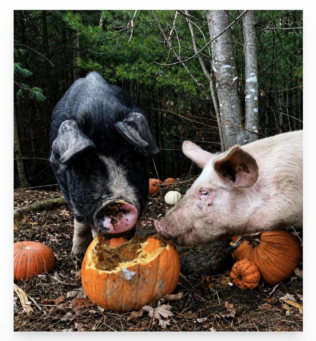 Black and Ping Pigs eating pumpkins .jpeg