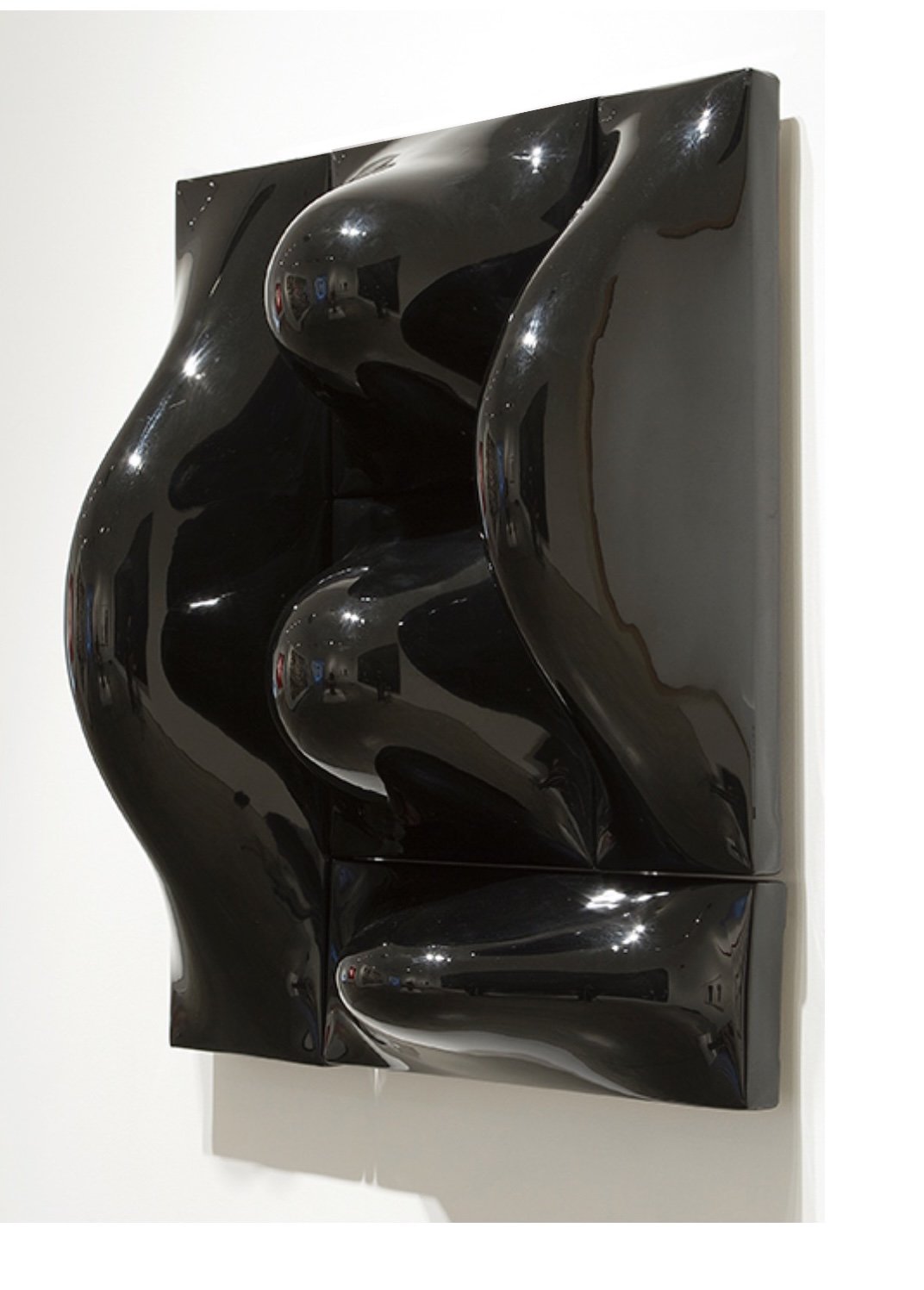 An abstract black sculptural art piece with glossy, flowing, and curving shapes mounted on a white wall.