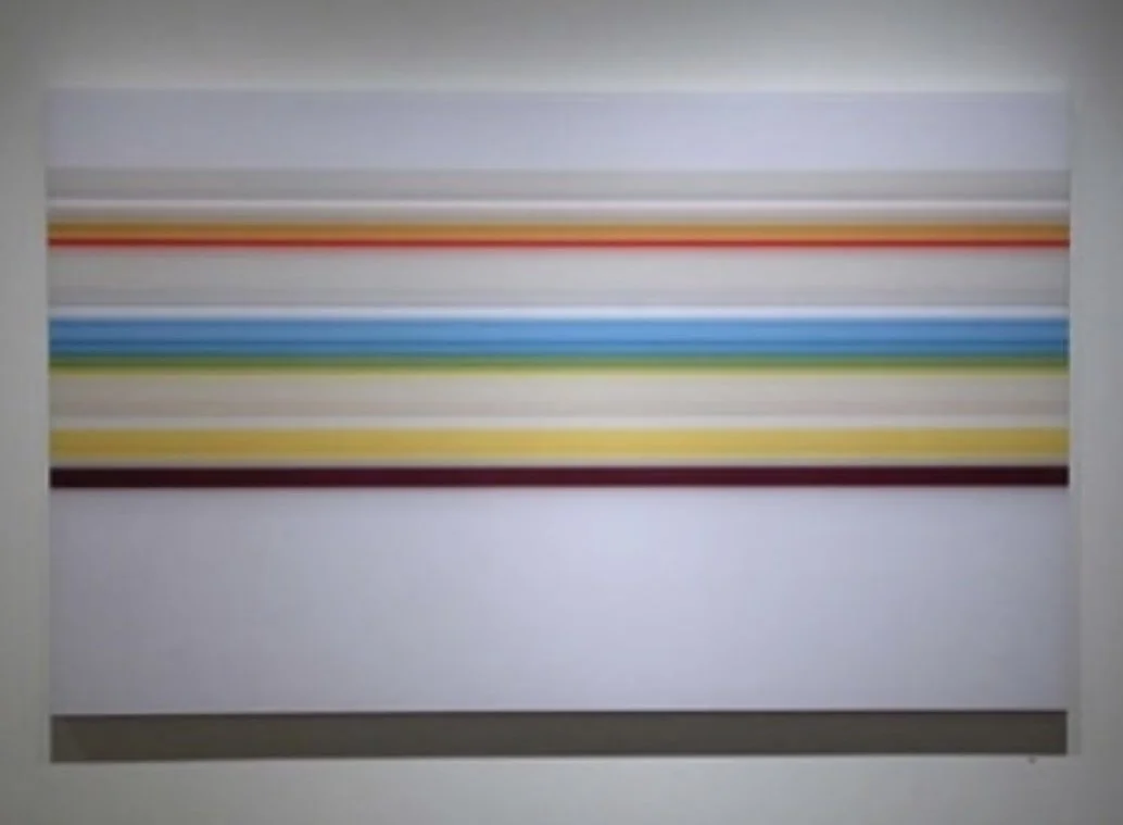 A modern abstract painting with multiple horizontal lines in various colors, including red, yellow, green, blue, and gray, on a white background.