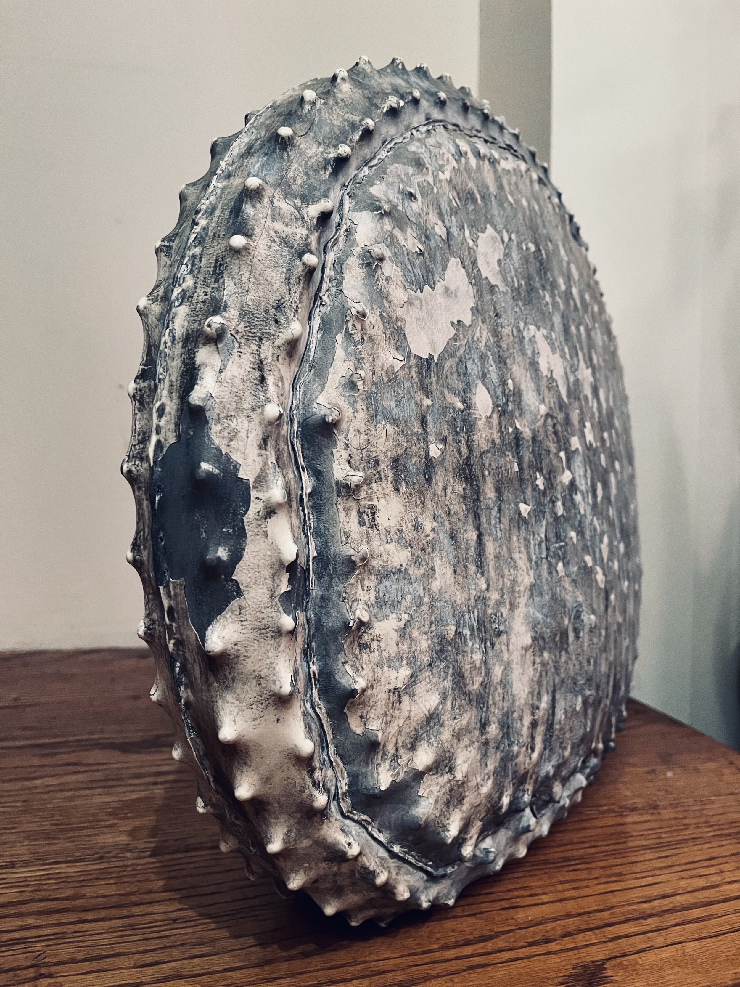 Close-up of a metal object with a textured, weathered surface and small protrusions along the edges, placed on a wooden surface.