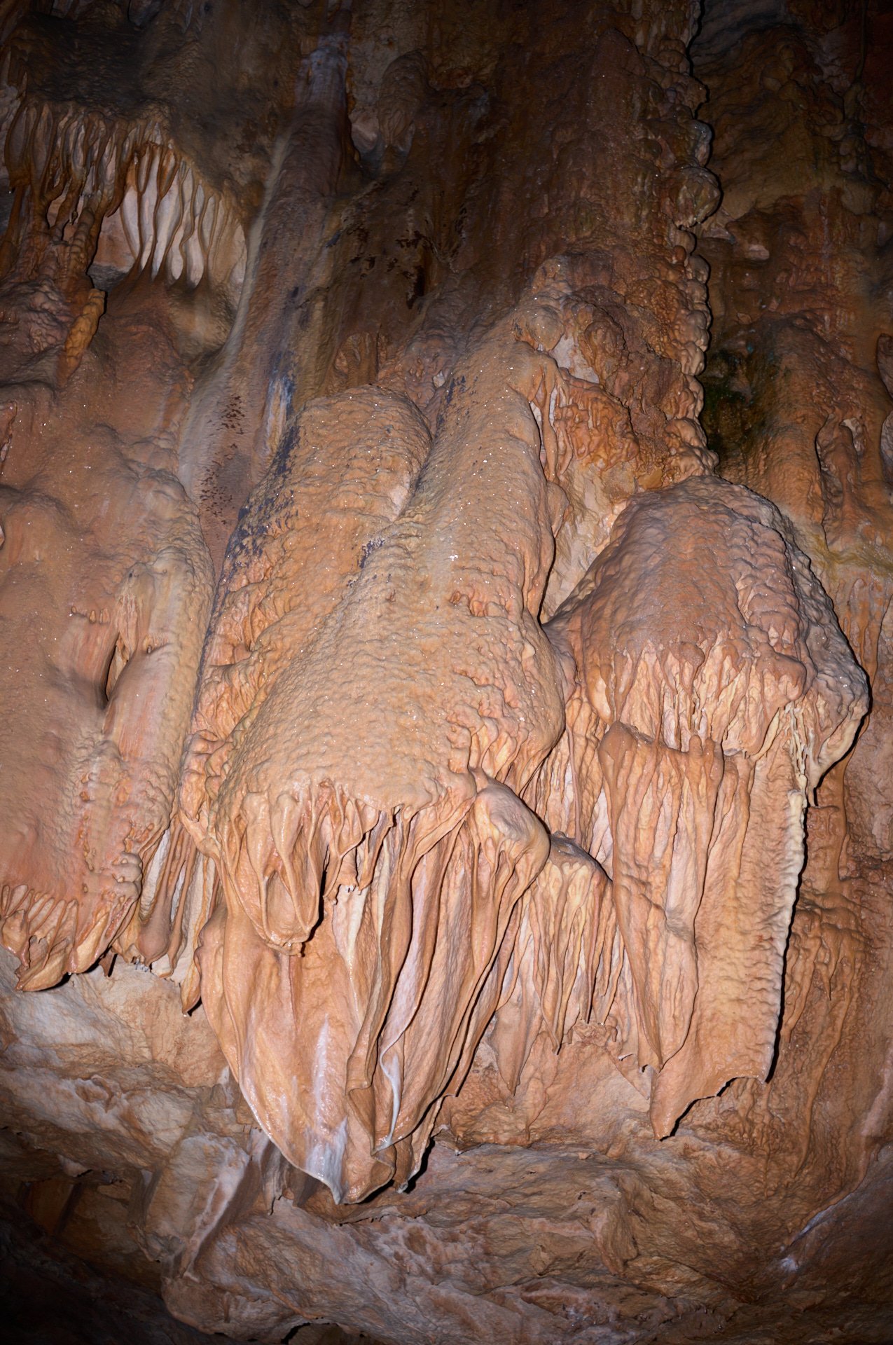 Inside a cave showing various orange and brown stalactites and stalagmites formations on the rock surface.