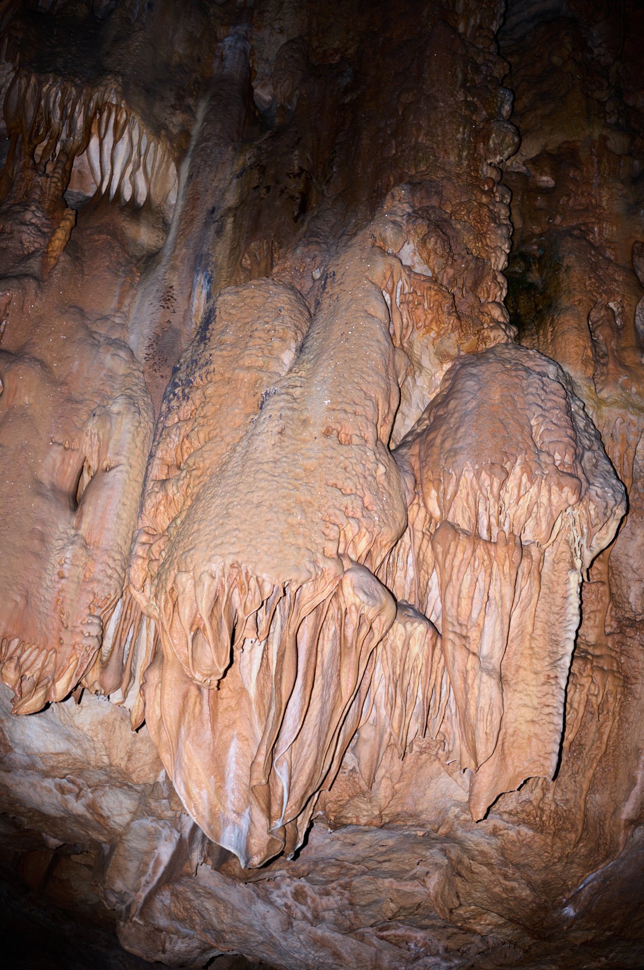 Inside a cave with stalactites and stalagmites in shades of brown and beige.
