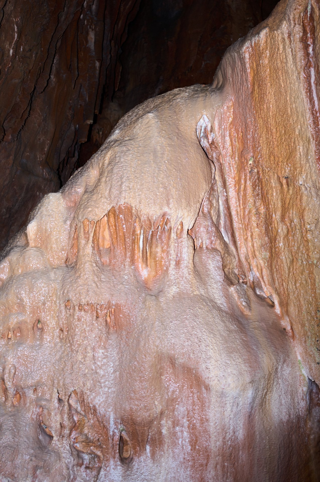Close-up of a cave wall with multicolored stalactites and stalagmites.
