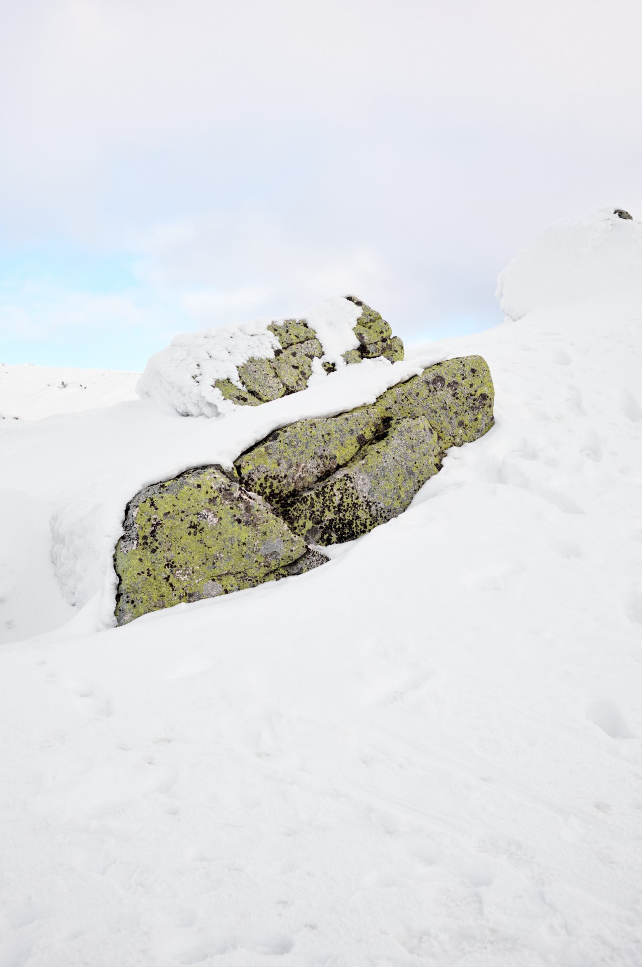 Snow-covered rocky landscape with mossy stones in a winter setting under a cloudy sky.
