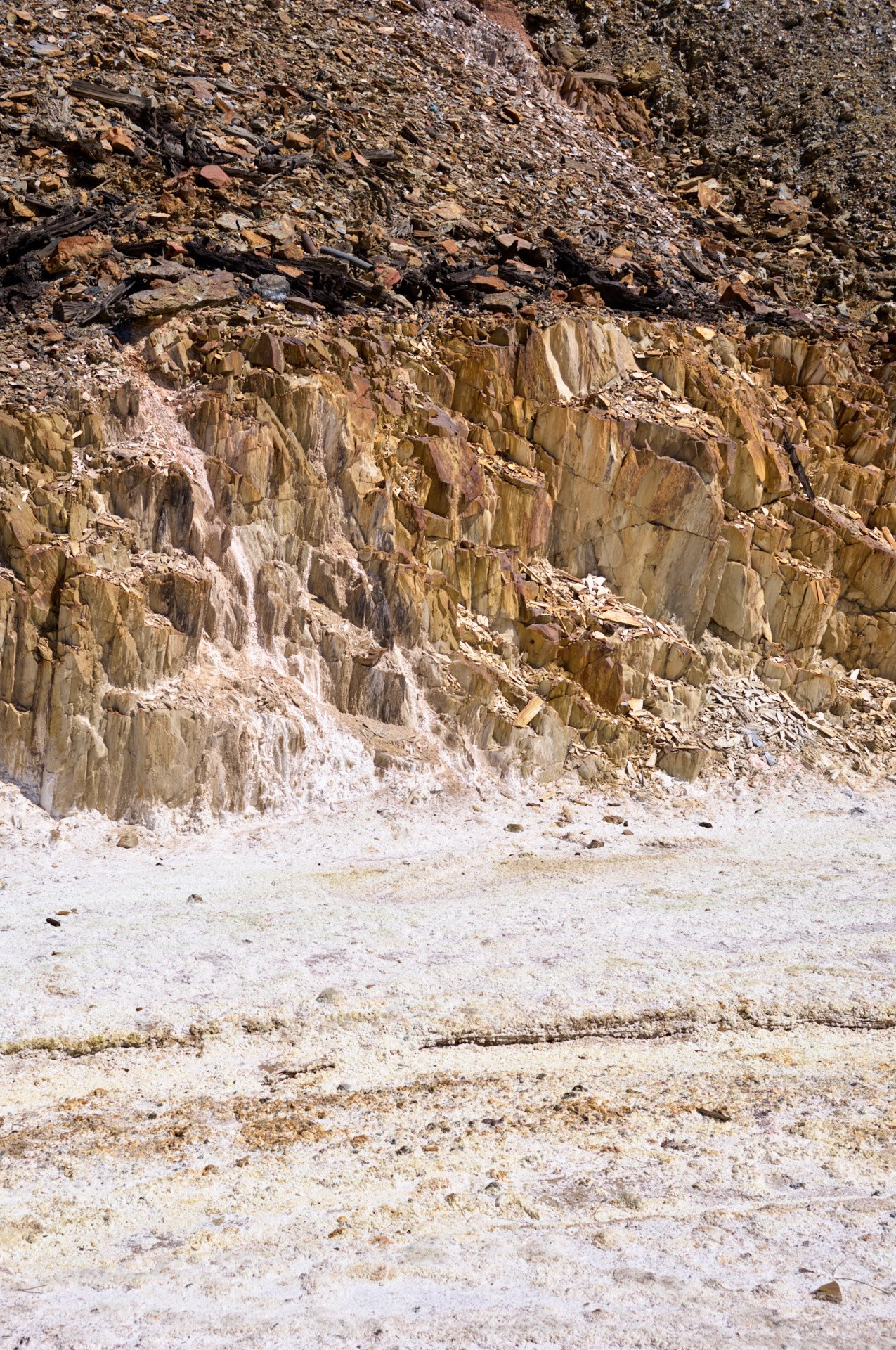 A rocky and sandy cliffside with stratified layers and loose debris at the base.