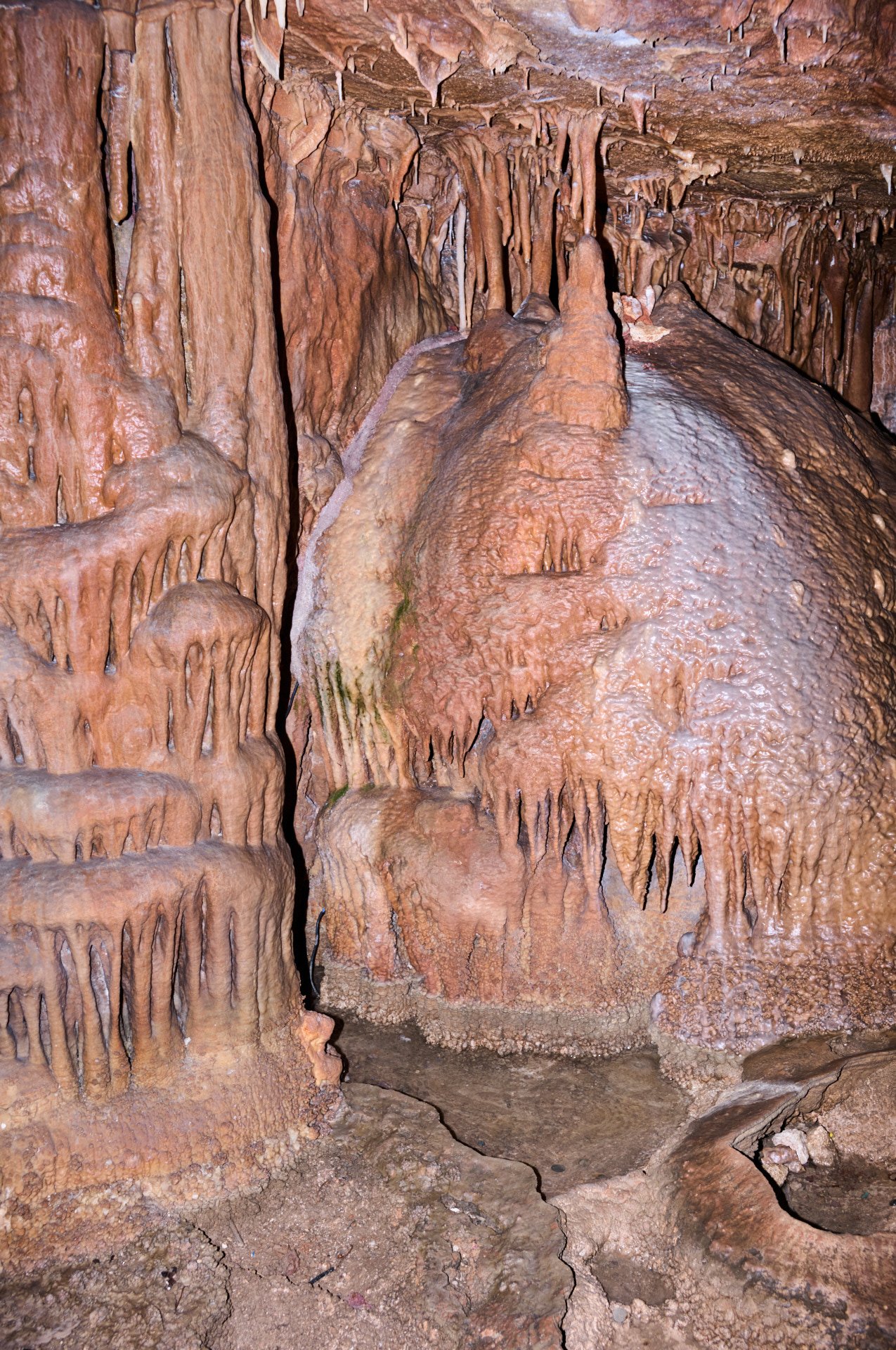 Inside a cave with stalactites hanging from the ceiling and stalagmites rising from the ground, with wet and uneven surfaces covered in mineral deposits.
