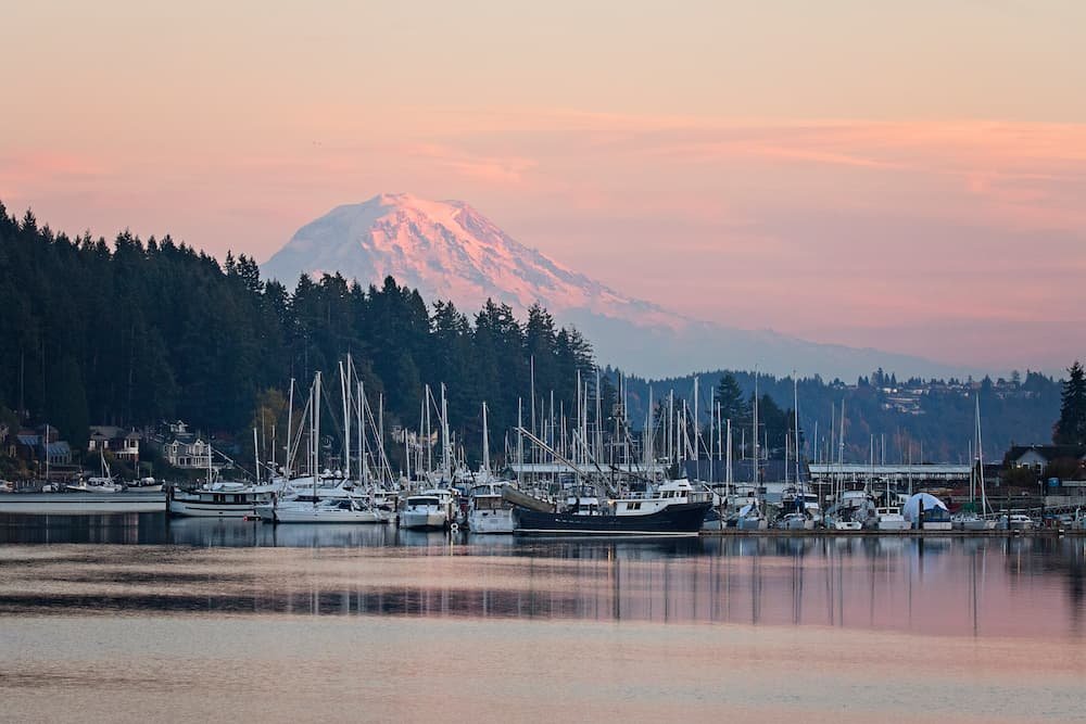 A harbor with boats docked, a forested shoreline, and snow-capped mountain in the background during sunset or sunrise.