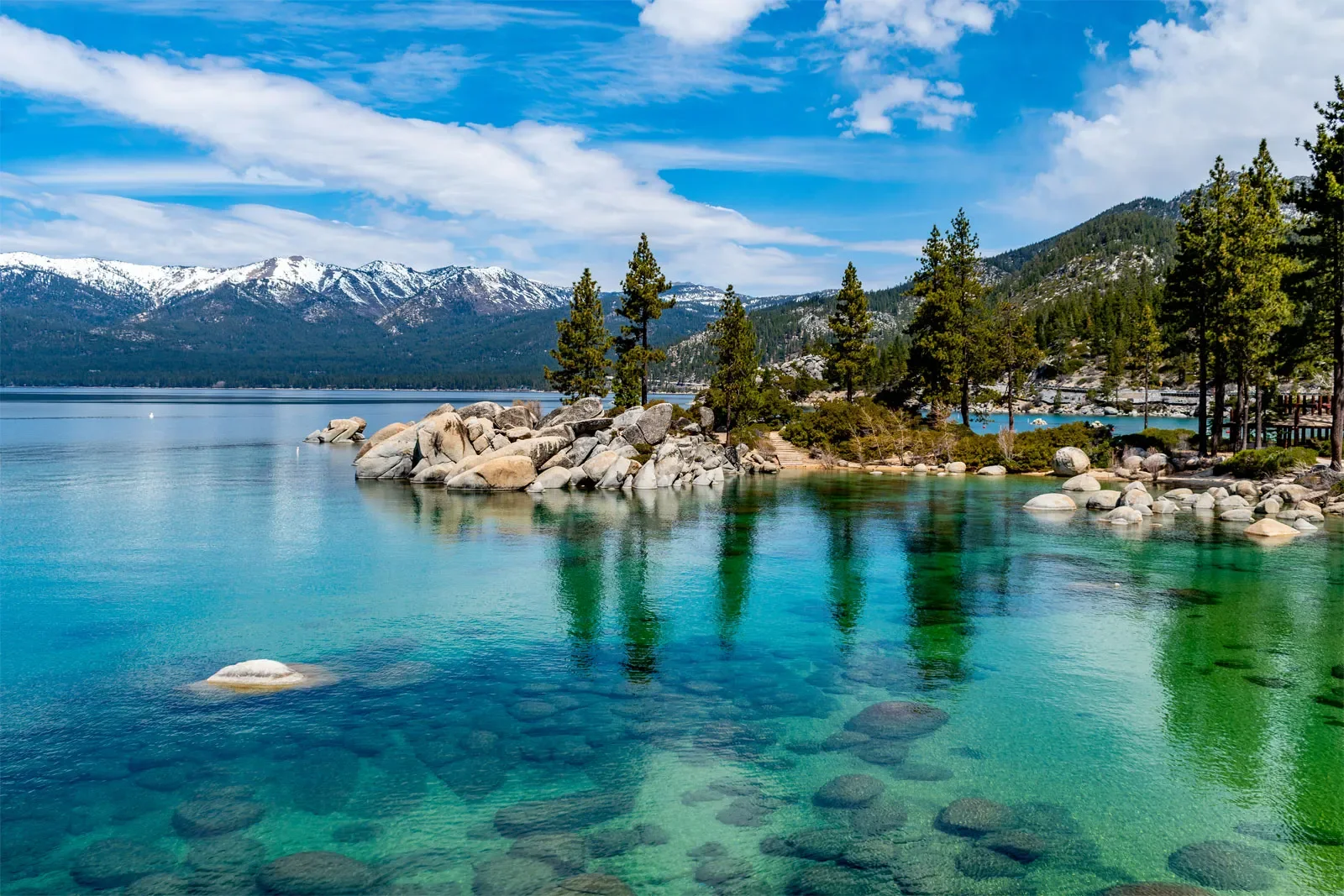Scenic view of a clear lake surrounded by rocks, trees, and snow-capped mountains under a partly cloudy sky.
