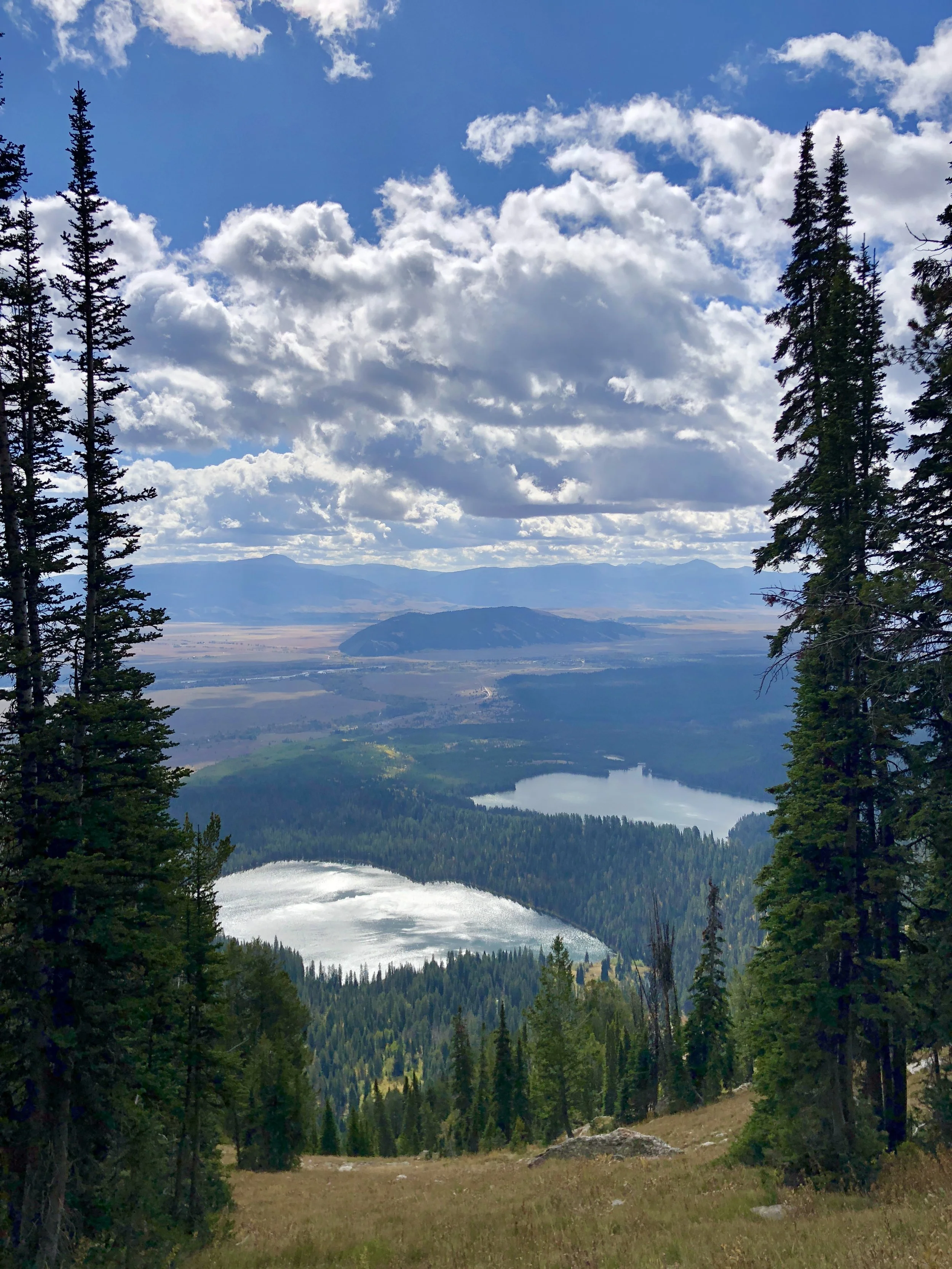 Scenic mountain view with pine trees in the foreground, two lakes with ice and water, vast valley, and mountain range with a partly cloudy sky.