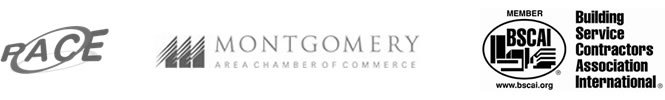 Logos of RACE, Montgomery Area Chamber of Commerce, and Building Service Contractors Association International.