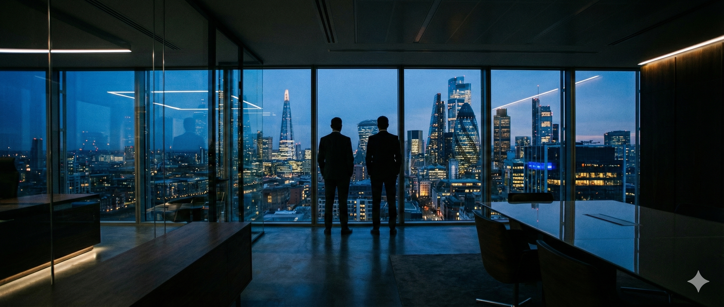 Consultoría estratégica B2B internacional Apex Centauro: Dos ejecutivos analizando el mercado global frente al skyline de Londres, representando liderazgo, expansión de negocios y visión de neuroventas corporativas.