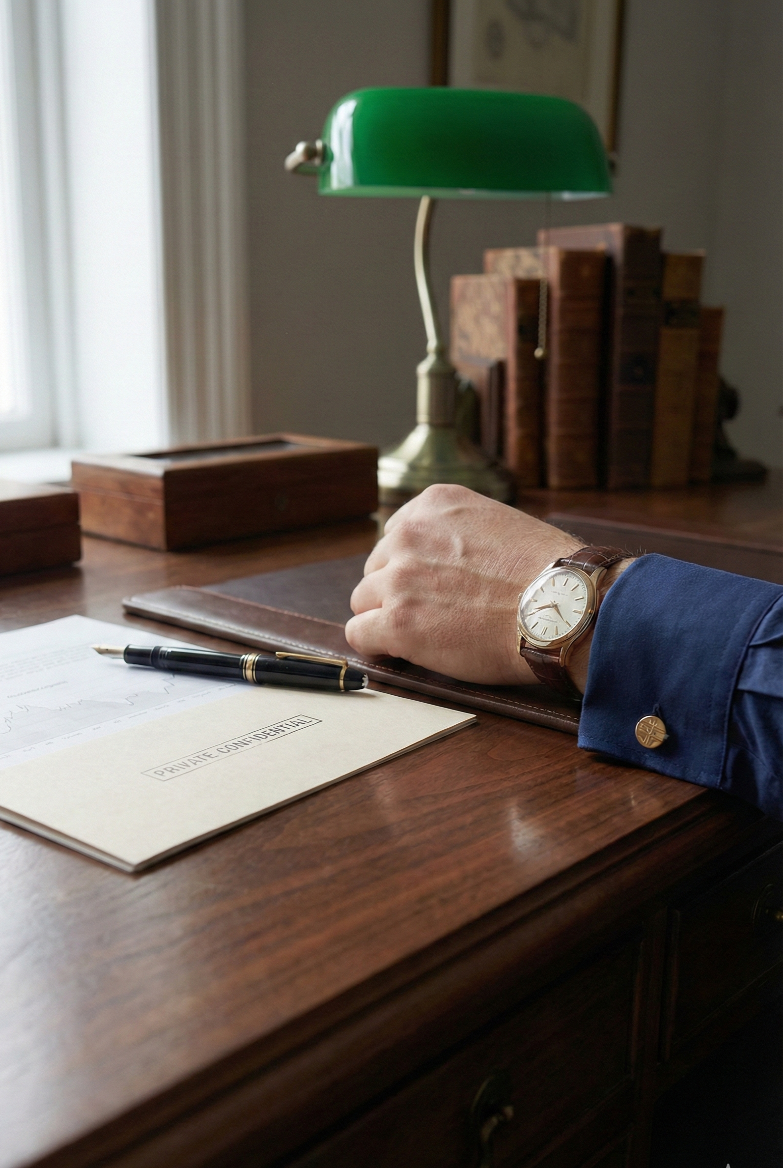 Placeholder - Primer plano de escritorio ejecutivo de madera noble con documento confidencial, pluma estilográfica y reloj de lujo en oficina financiera.