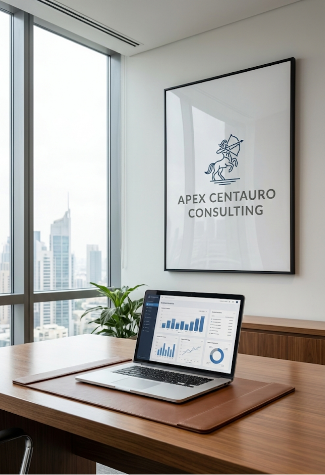 Bright corporate boardroom with a strategic data dashboard on a laptop and the Apex Centauro Consulting emblem. Symbolizing risk-mitigated market expansion, executive relief, and international business planning.