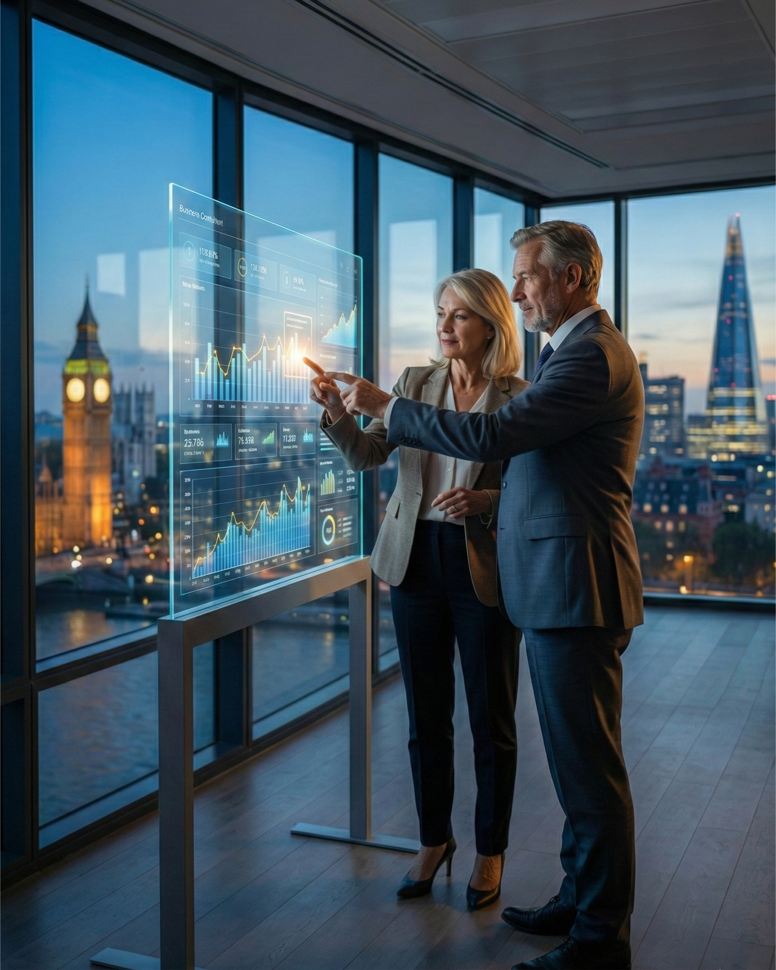 B2B executives reviewing growth indicators against the London skyline.  Directivos B2B revisando indicadores de crecimiento frente al skyline de Londres