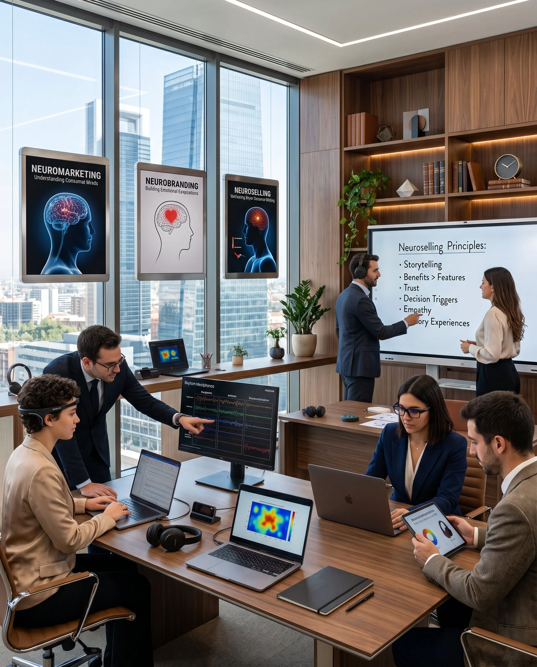 Management team reviewing neuromarketing and sales performance data. Equipo directivo revisando datos de neuromarketing y rendimiento comercial
