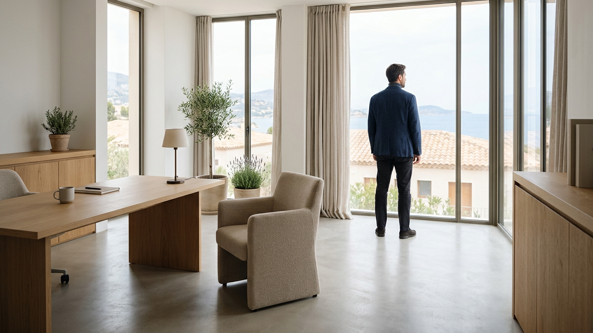 Ejecutivo viendo el crecimiento de su negocio, mira a través de la ventana en su oficina minimalista moderna. La actitud relajada demuestra el éxito de sus negocios