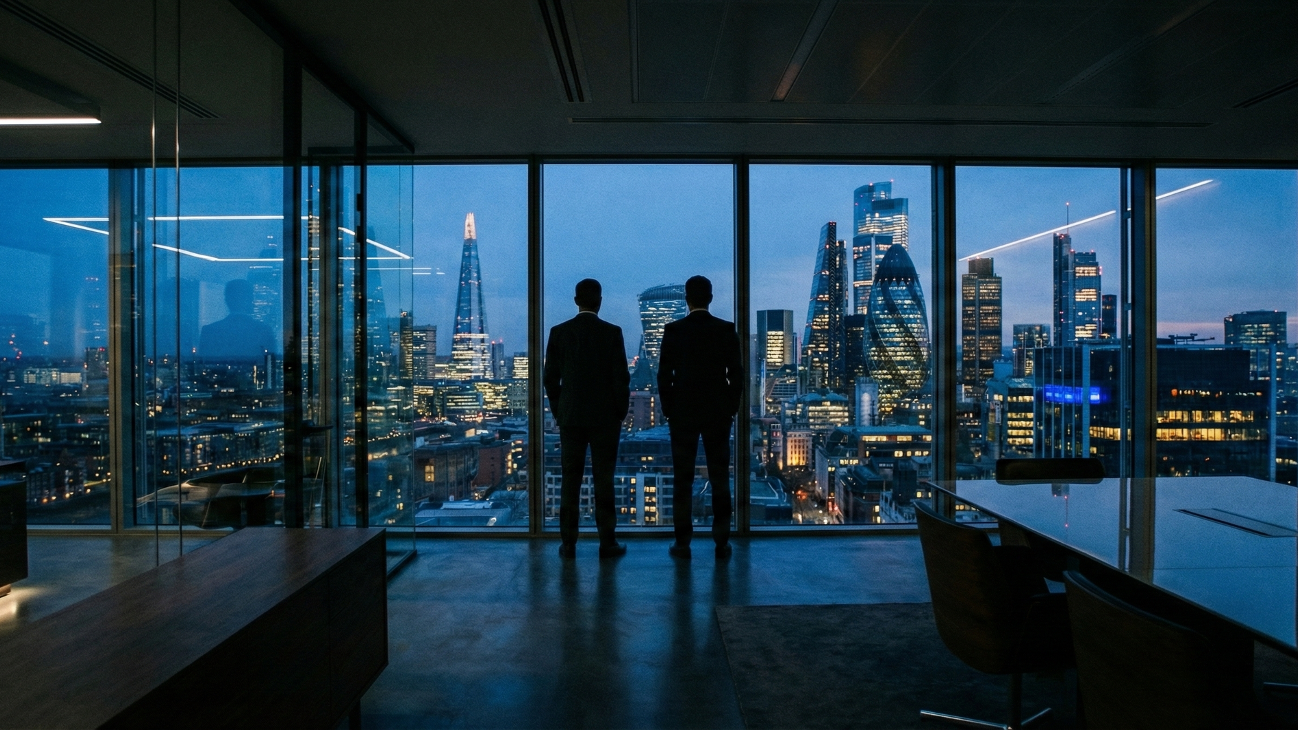 Executives observing the successes achieved; a London office looking out over market dominance.