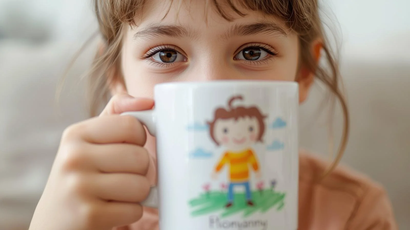 a child aged 8 holding a mug that has artwork they have drawn printed onto it.jpg