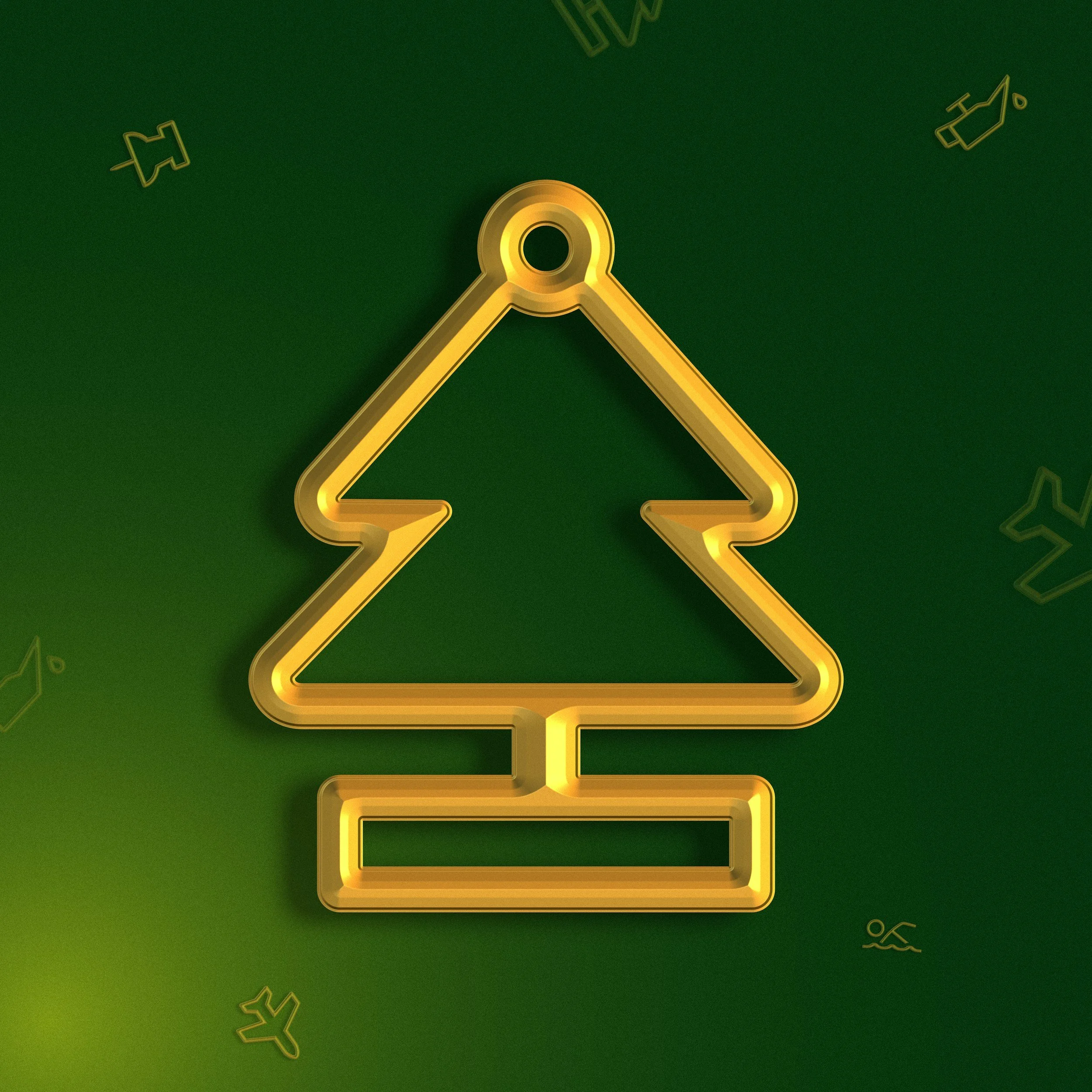 Neon yellow Christmas tree outline on green background with small holiday-themed icons.