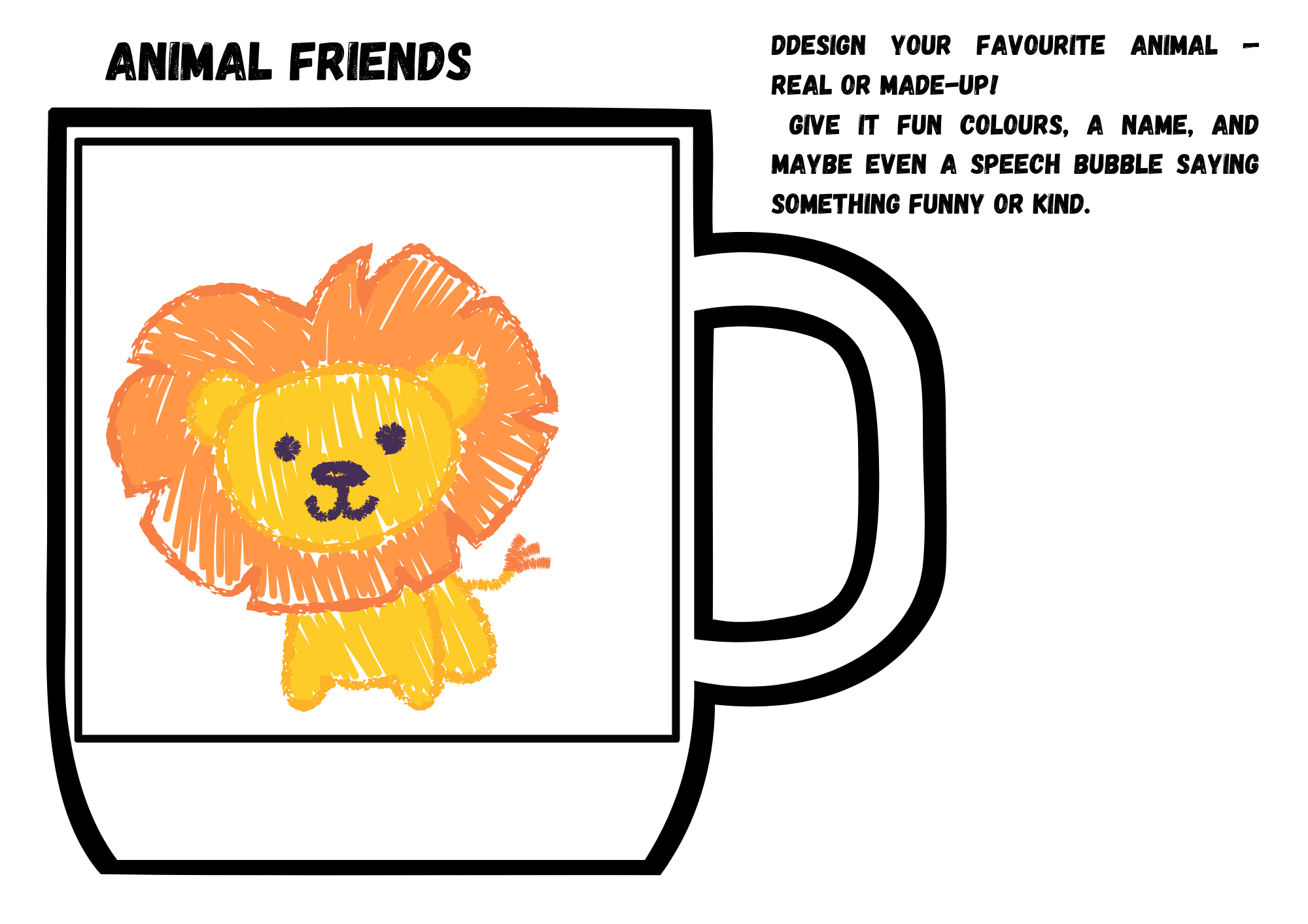 Colorful drawing of a cute lion inside a mug, with a orange mane, yellow face and body, and a small tail, designed for a kids' activity page.