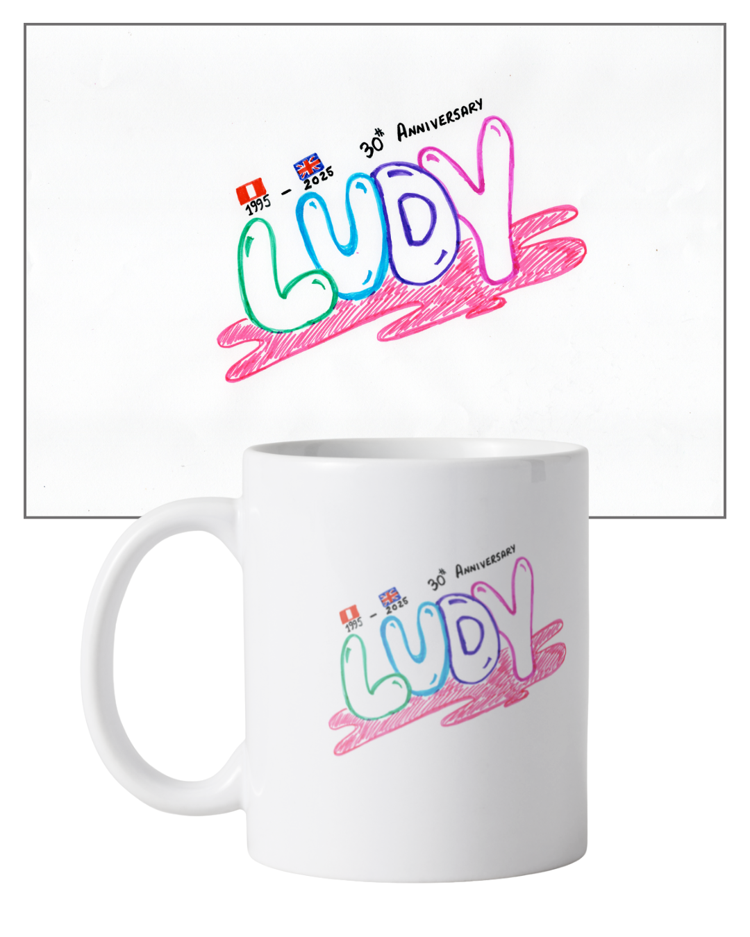 White mug with colorful 'LUV' logo celebrating 30th anniversary, featuring the years 1995, 2025, and a small UK flag, with a pink background underline, in front of a matching print